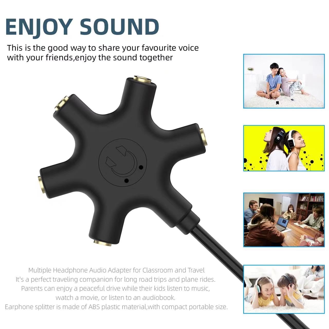 5-Way 3.5mm Headphone Audio Splitter - Multi Device Stereo Headset Adapter for iPhone, iPad, Gaming & Music Sharing - Perfect for Group Listening, Podcasts & Classroom Use