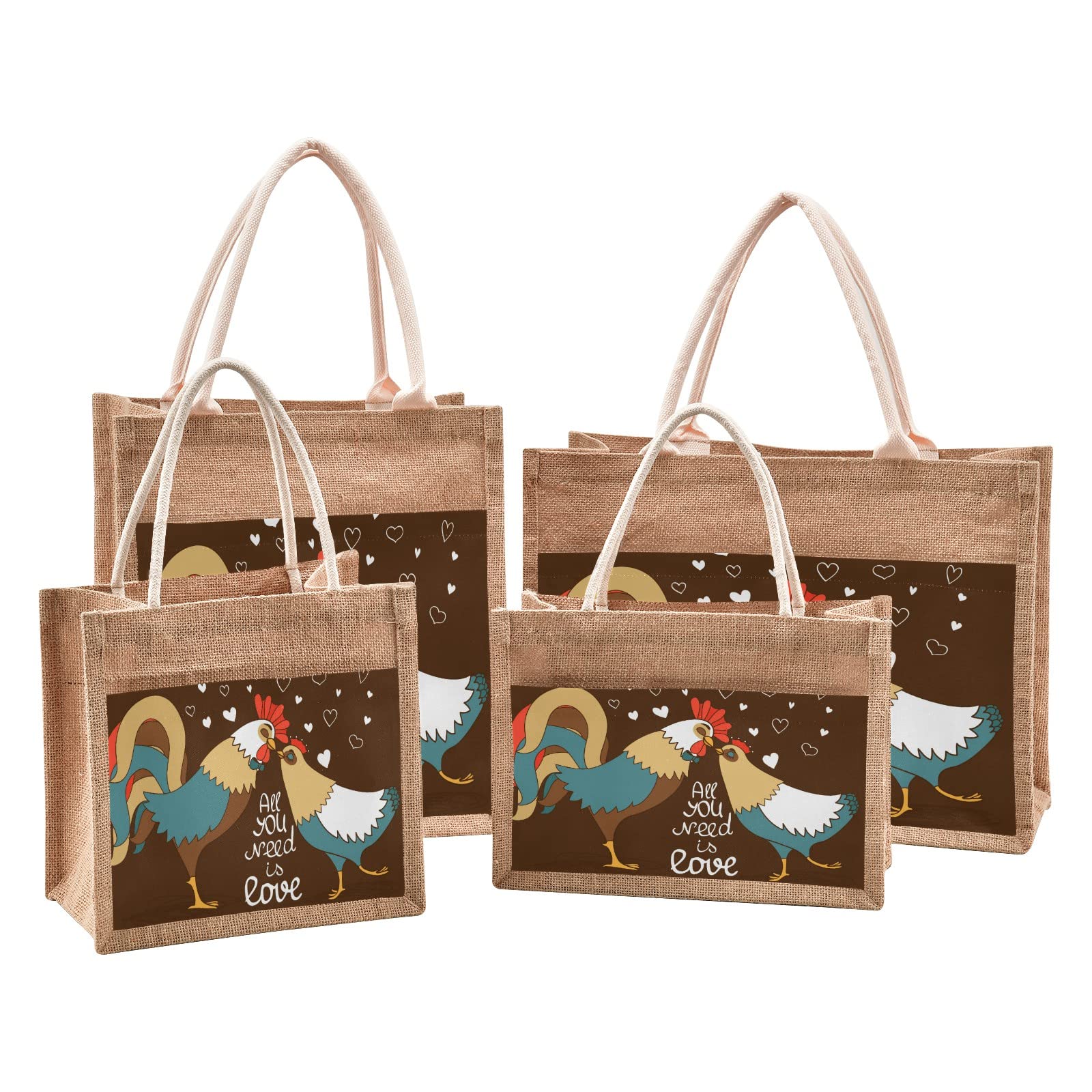 Linqin Rooster and Chicken Jute Tote Bag - Waterproof Reusable Grocery Shopping Bag with Sturdy Handles for Farmers Market, Beach, Travel & Daily Use | Eco-Friendly Cotton Canvas Carryall for Women & Men