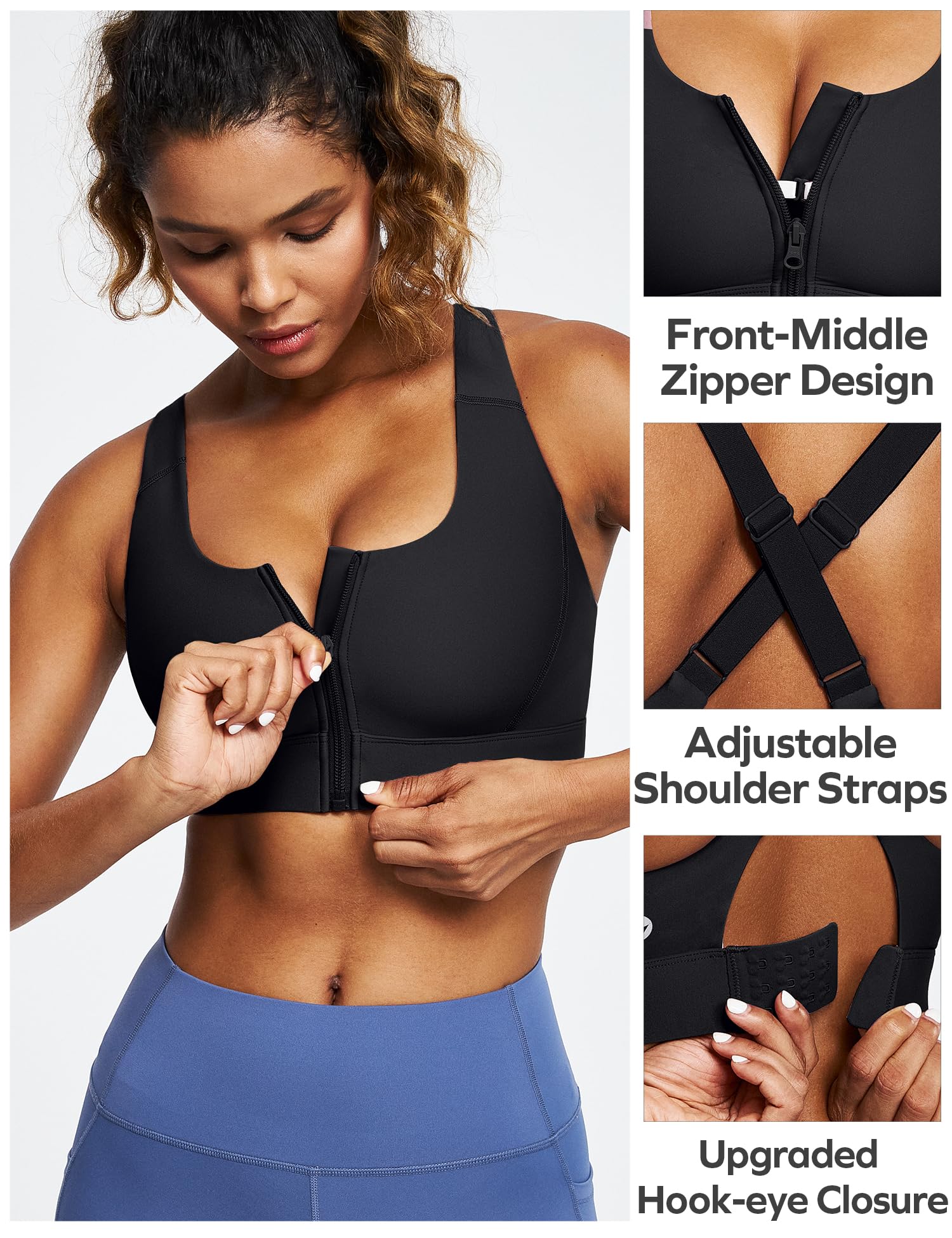 Ewedoos High Impact Sports Bras for Women - Zip Front Workout Bra with Adjustable Straps & High Support for Large Bust | Running, Gym, Yoga & High-Intensity Training