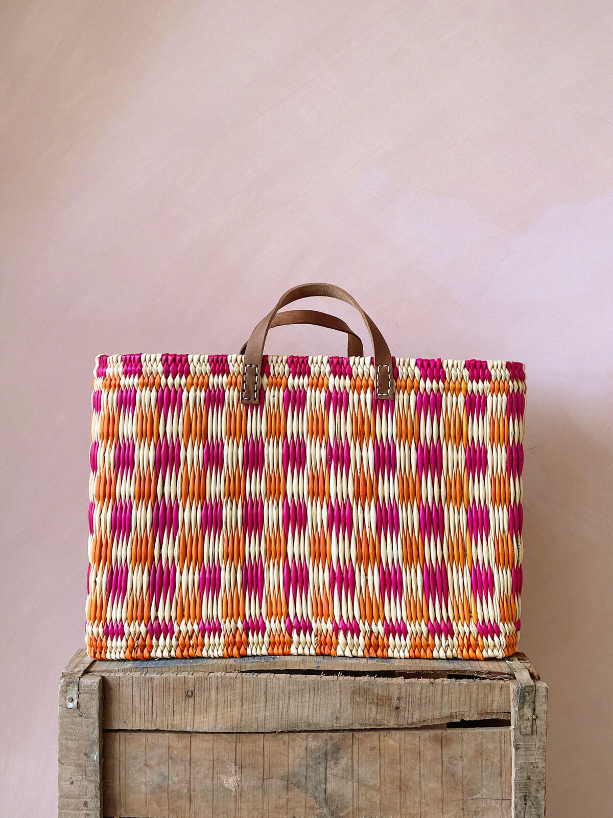 Stylish Pink and Orange Chequered Reed Basket - Perfect for Home Decor, Picnics, and Storage | Handwoven Natural Fiber Organizer for Living Room, Bedroom, or Outdoor Use
