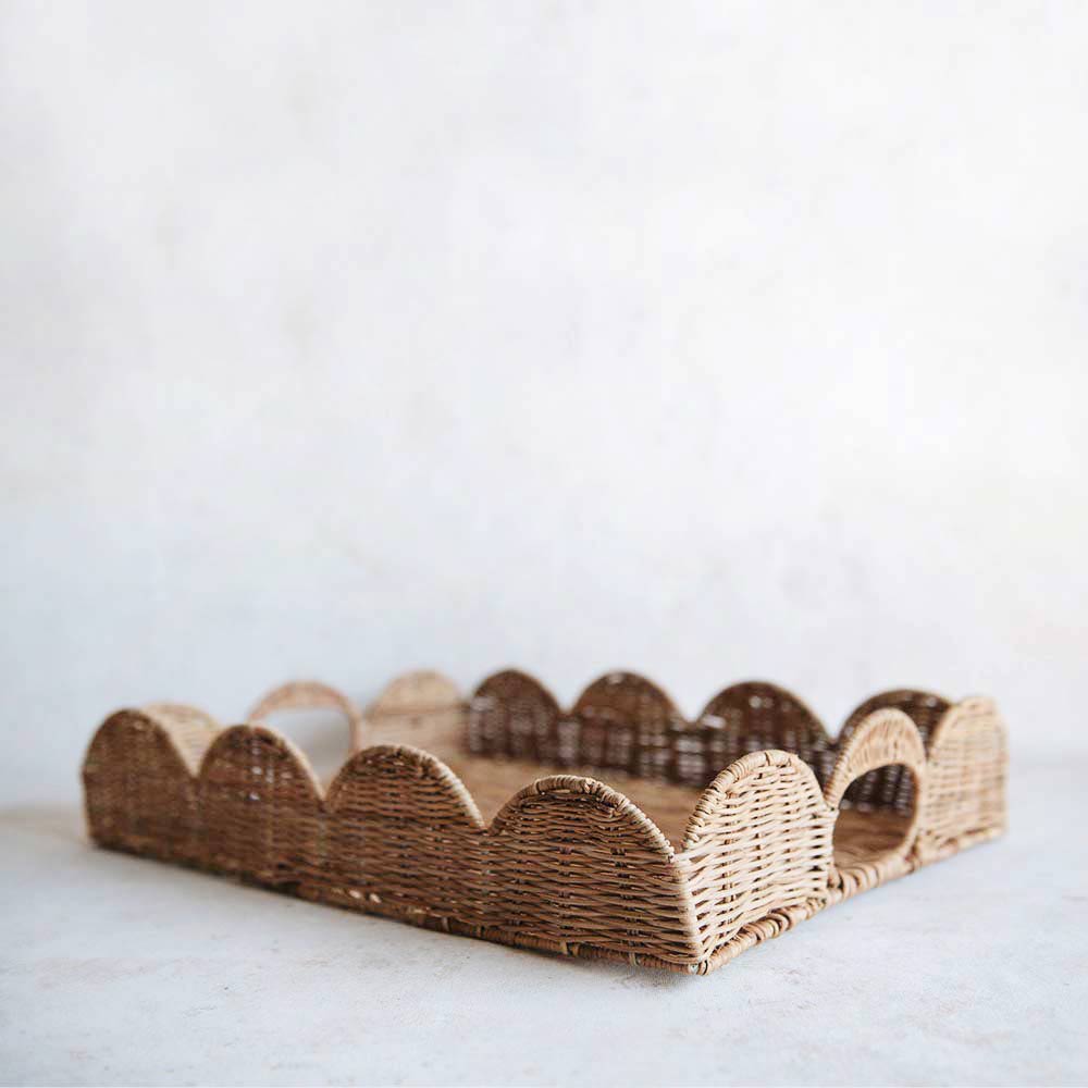 Elegant Sanders Scalloped Rattan Tray – Handwoven Natural Rattan Serving Tray for Coffee Table, Breakfast in Bed, or Home Decor | Perfect for Entertaining, Dining, and Gift Giving