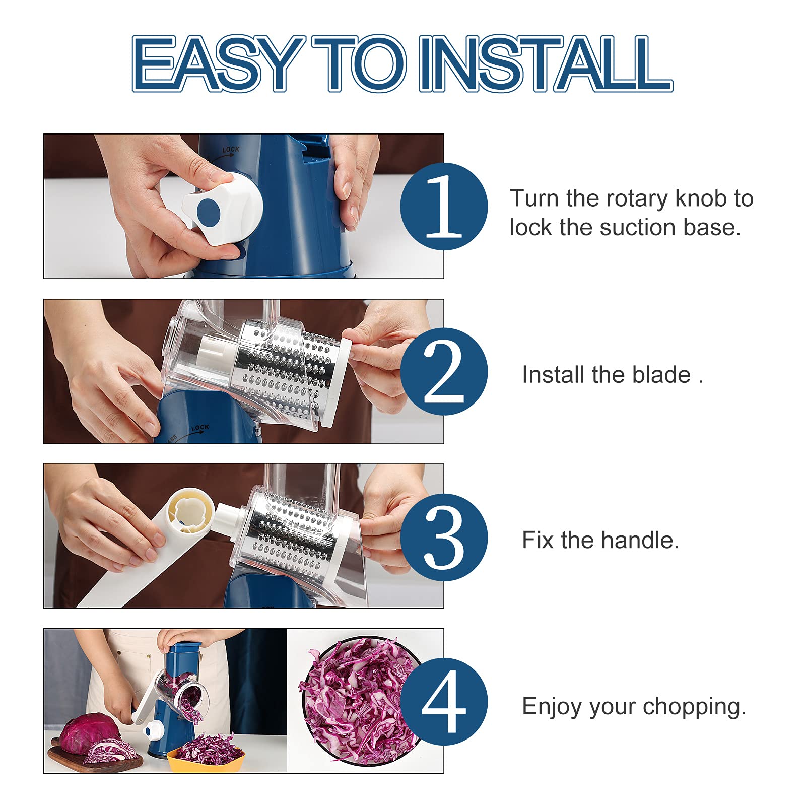 Ourokhome Rotary Cheese Grater - Hand Crank Kitchen Shredder with 3 Blades for Cheese, Vegetables, Nuts & Chocolate | Mandolin Slicer for Potato, Carrot & More | Perfect for Meal Prep, Baking & Cooking | Dark Blue