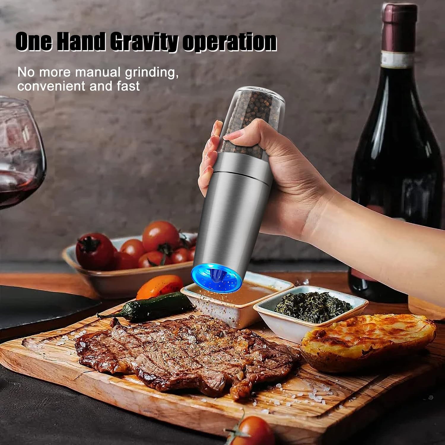 Electric Salt and Pepper Grinder Set - Battery Powered Automatic Mill with Adjustable Coarseness & LED Light, One-Hand Operation, Stainless Steel - Perfect for Kitchen, Dining Table, and Outdoor Cooking