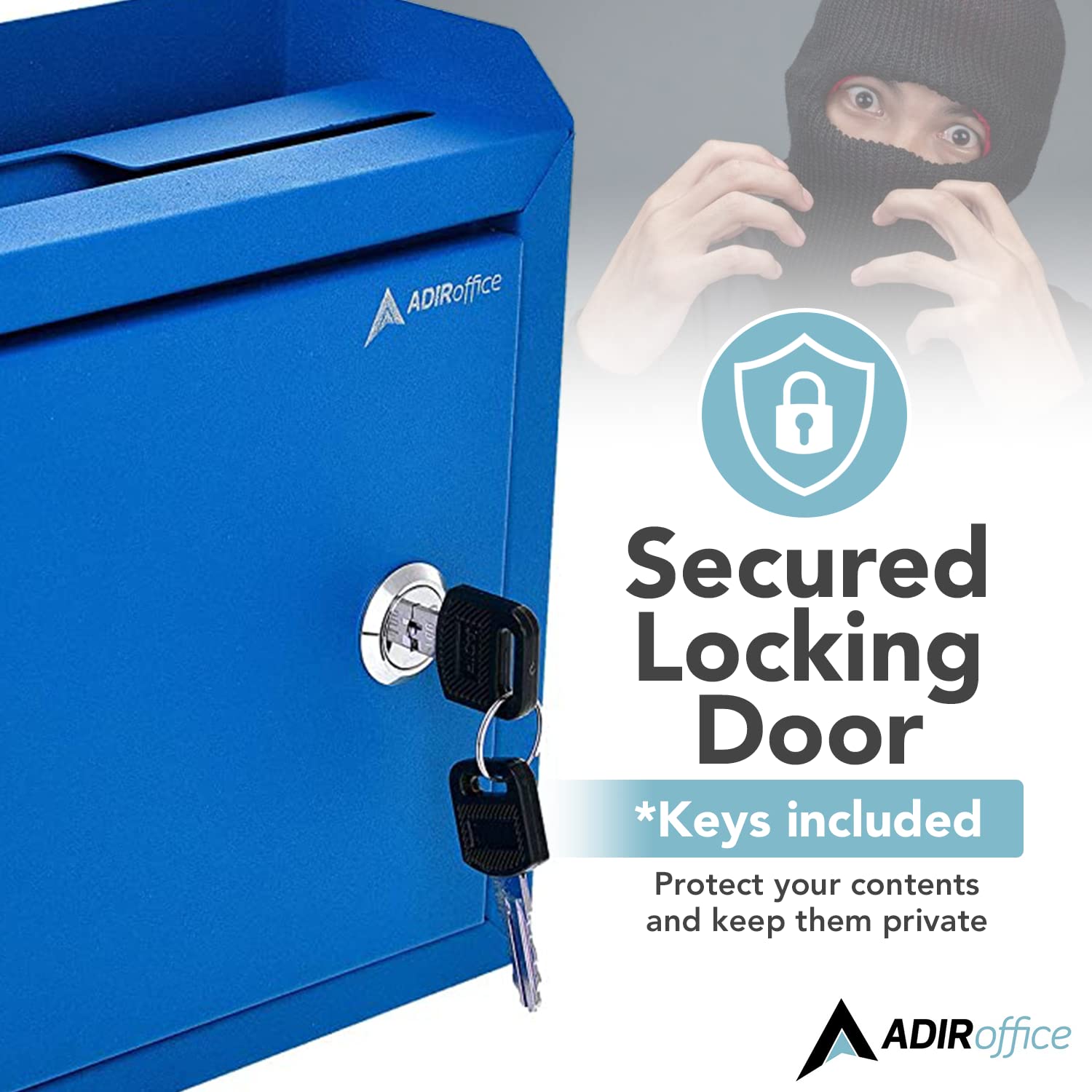 Adir Corp Locking Suggestion Box with Slot - 9.8x7.5x3.4 Inch Wall Mount Metal Deposit Box for Cash, Donations & Feedback - Secure Drop Box for Offices, Retail Stores & Public Spaces (Blue)