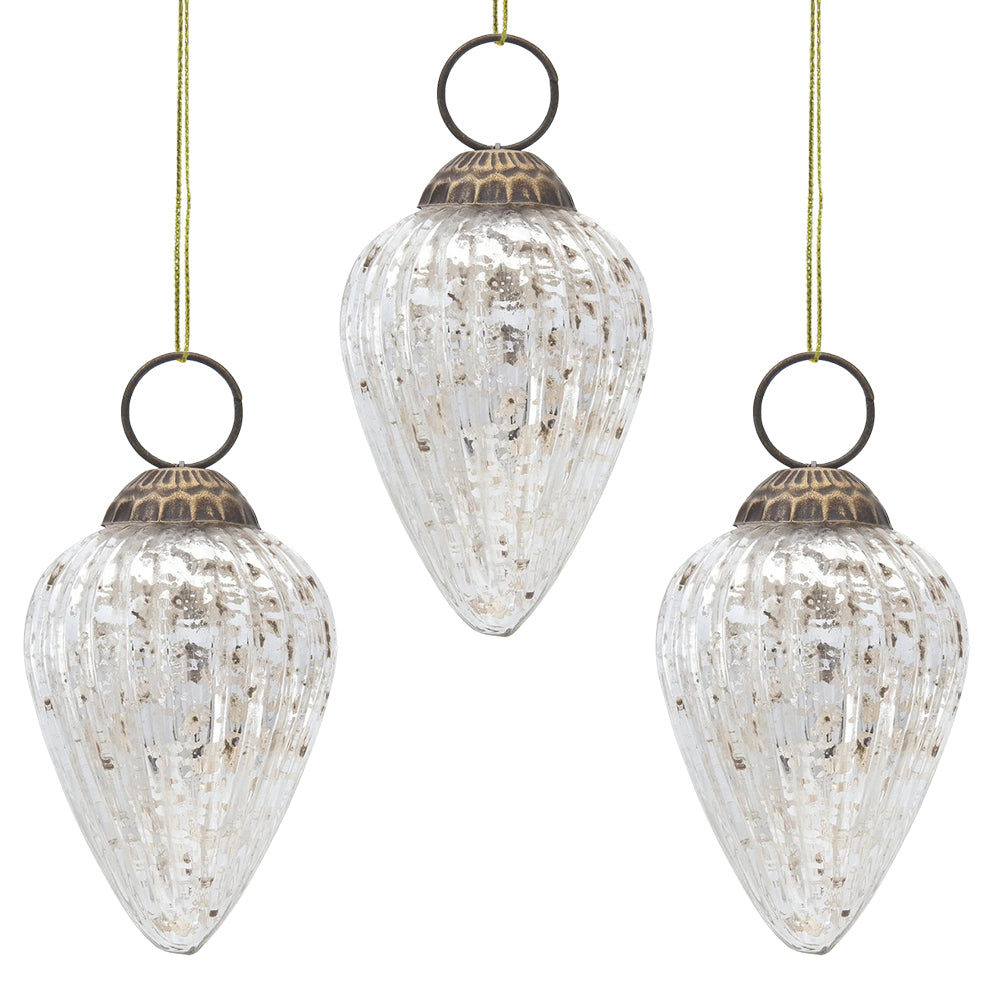 3 Pack Silver Laura Mercury Glass Pine Cone Ornaments - Elegant Christmas Tree Decorations for Holiday Home, Party & Festive Decor