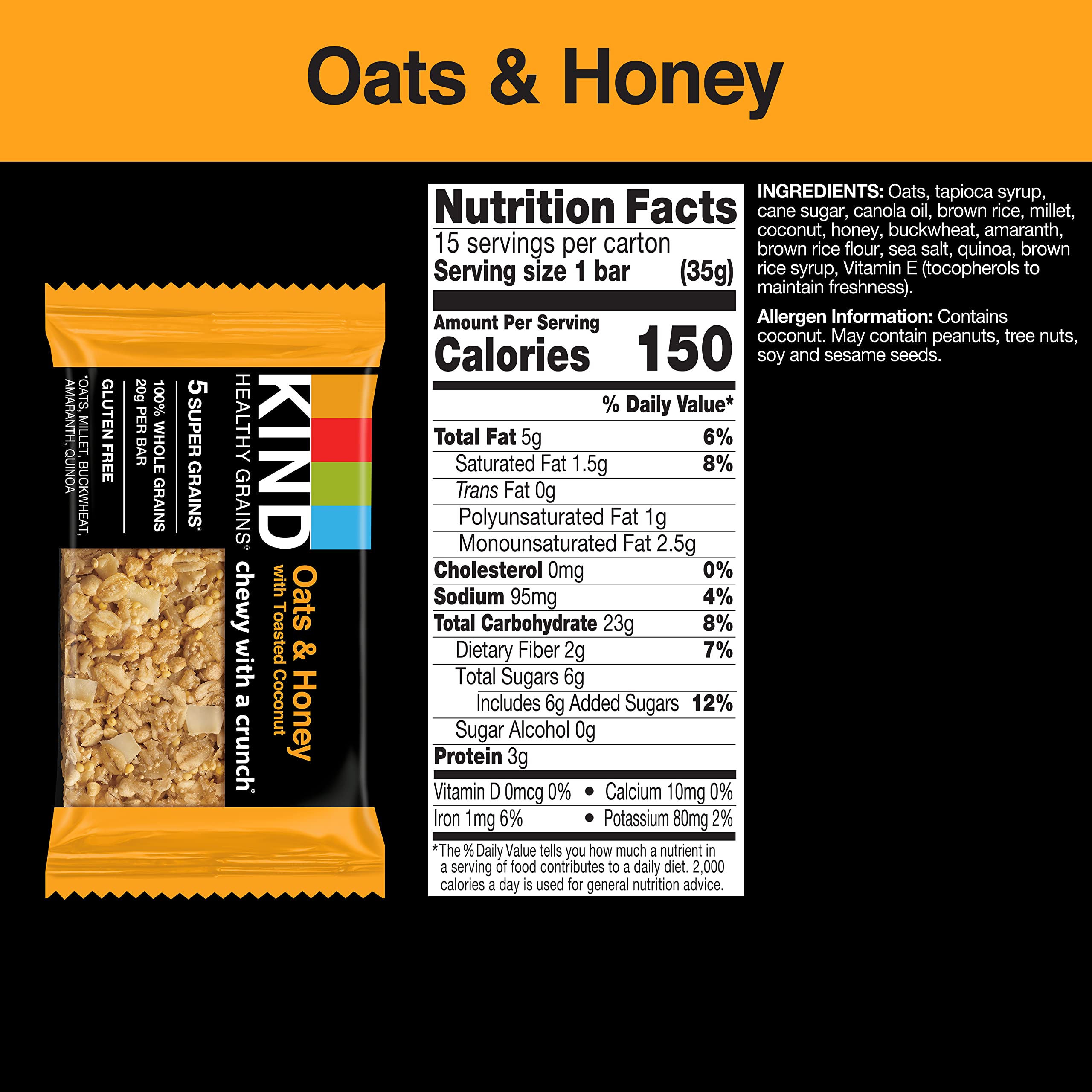 KIND Healthy Grains Bars - Gluten Free Oats & Honey with Toasted Coconut (60 Count, 1.2 oz) - Perfect for Breakfast, Snacks & On-the-Go Nutrition