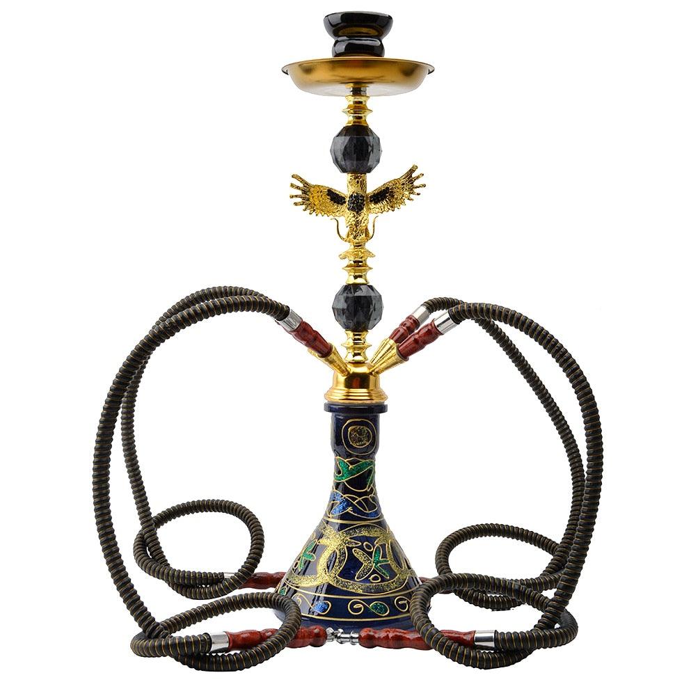 Premium Arab Eagle Shaped Glass Metal Ceramic Hookah Set - 4 Hose Shisha Water Pipe for Home & Parties | Narguile Completo Kit with Elegant Design for Hookah Lounge, Bar, and Social Gatherings | Includes Cachimba Nargile Sheesha Accessories
