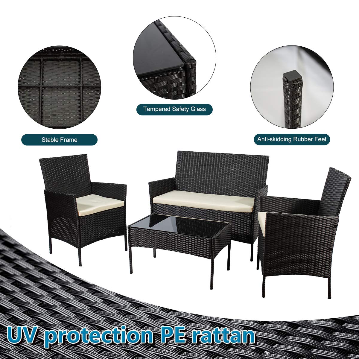 4-Piece Outdoor Rattan Wicker Patio Furniture Set with Tempered Glass Table - All-Weather Conversation Sofa & Chairs for Backyard, Poolside, Garden, and Deck (Dark Black)