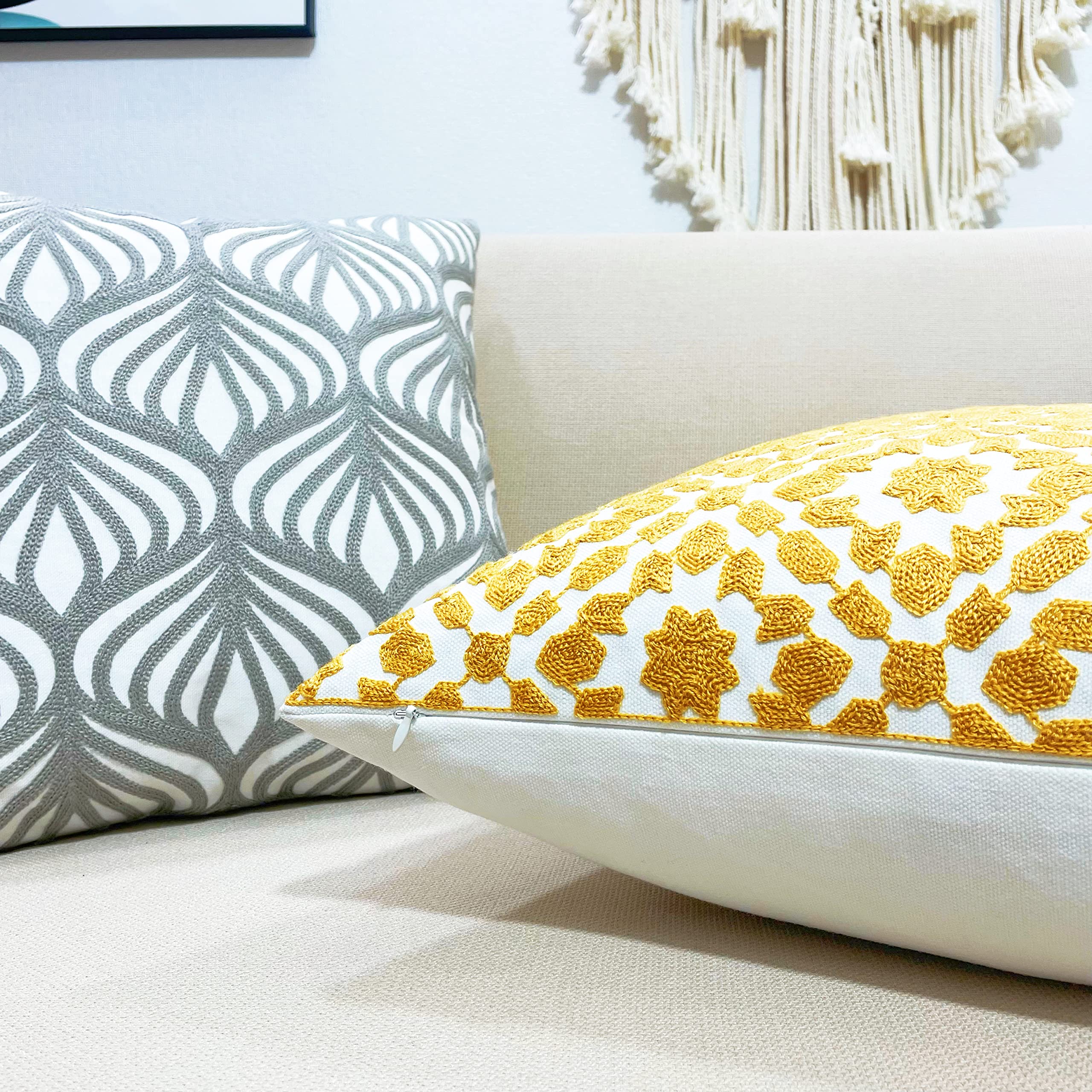 Slow Cow Embroidery Decorative Throw Pillow Cover - 18x18 Inch Yellow Farmhouse Style Cushion Cover for Sofa, Bedroom & Living Room Decor