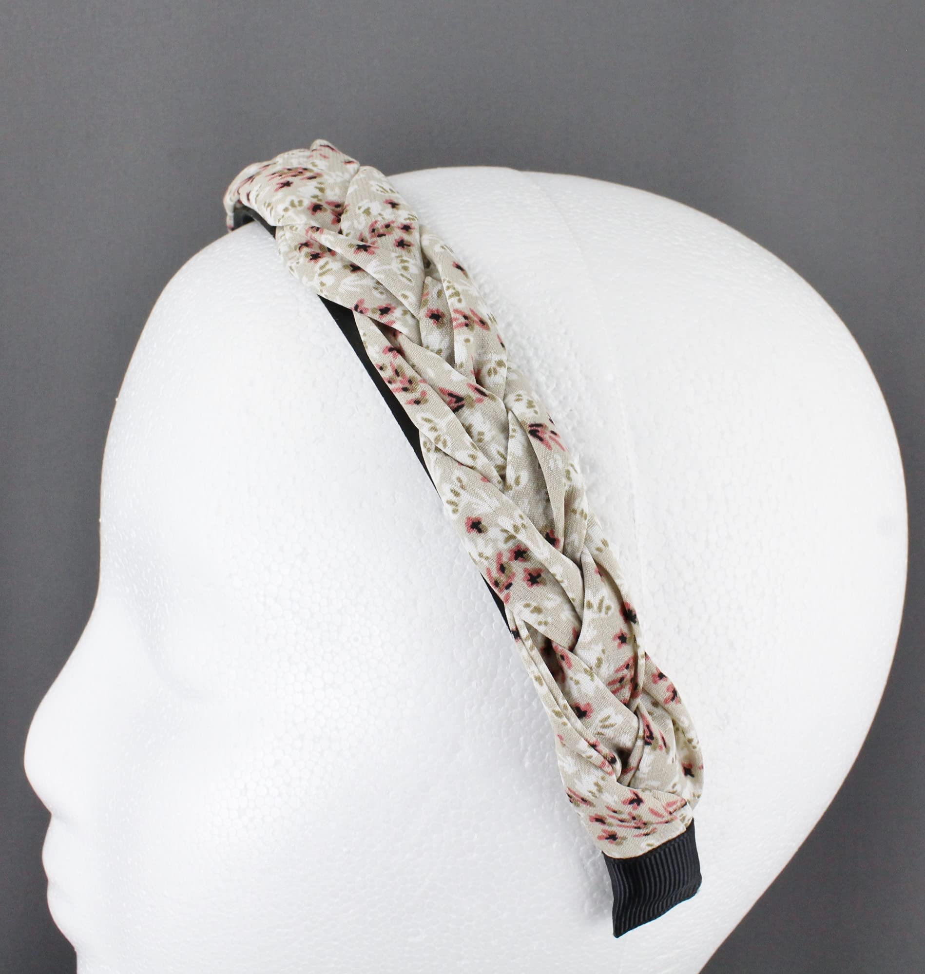 Beige Floral Braided Headband - Soft Fabric Covered Hair Band with Grip Teeth & Braid Flowers - 1 Inch Wide - Perfect for Weddings, Parties & Everyday Wear