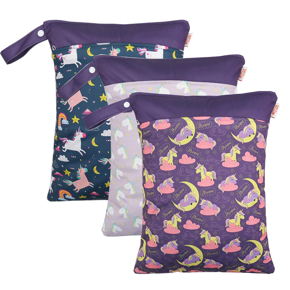 KKTAPOS Waterproof Wet Dry Bags 3-Pack - Reusable Washable Travel Storage for Baby Cloth Diapers, Swimsuits & Gym Clothes | Unicorn Design (Purple) | Perfect for Daycare, Pool, Beach & Yoga Activities