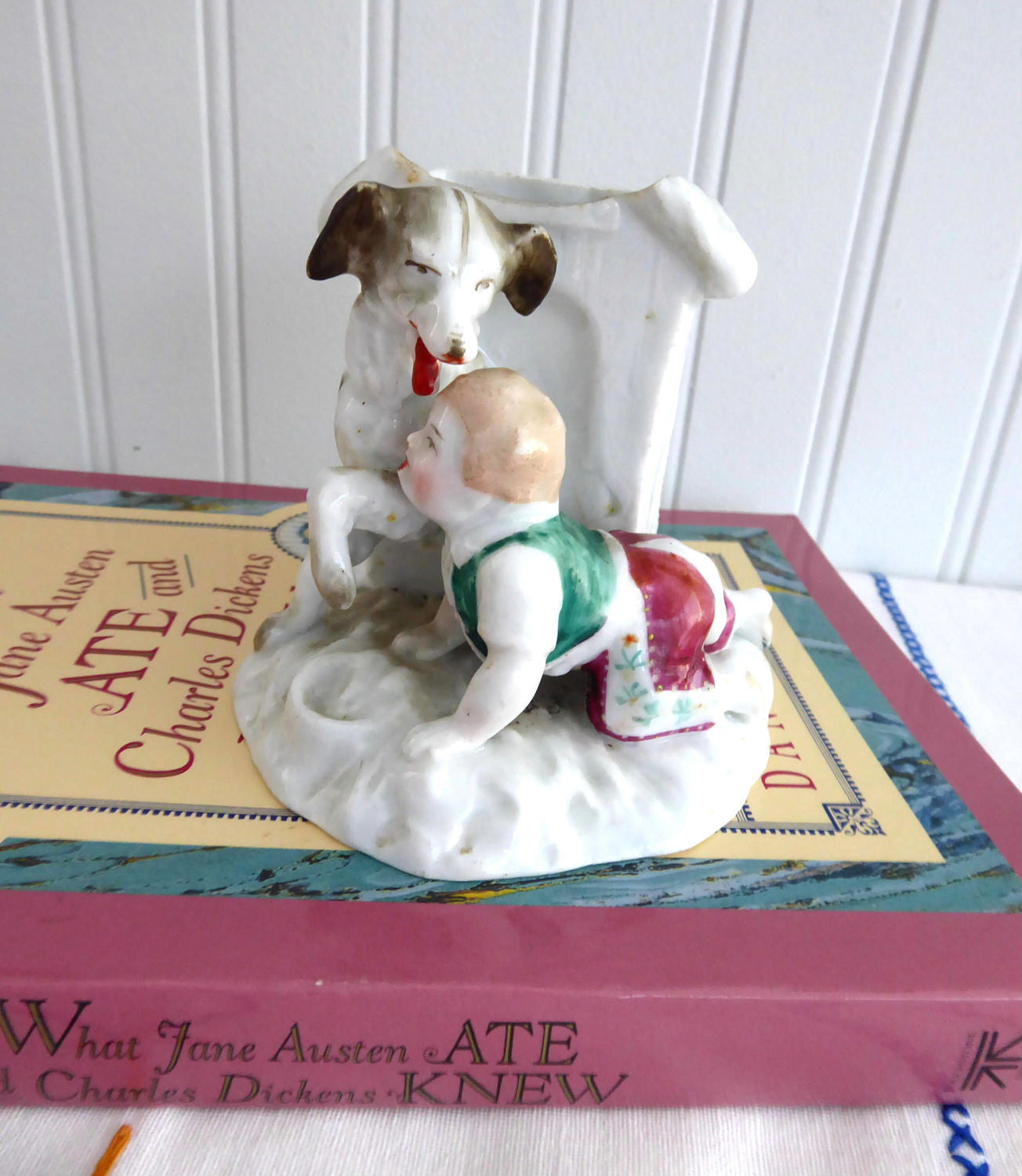 Antique Victorian English Vase Boy and Dog Match Holder - Fairing Collectible from 1880-1890s | Perfect for Vintage Home Decor, Fireplace Mantel Display & Historical Memorabilia Collections