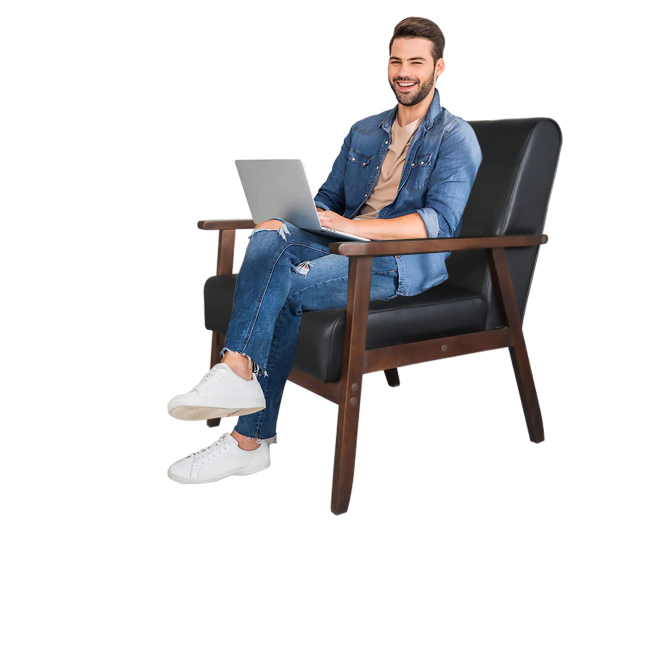 Premium Black Faux Leather Sofa Set - 2 Accent Chairs & 1 Loveseat | Mid-Century Modern Living Room Furniture for Small Spaces, Office Waiting Areas & Home Decor | Durable & Stylish Seating Solution