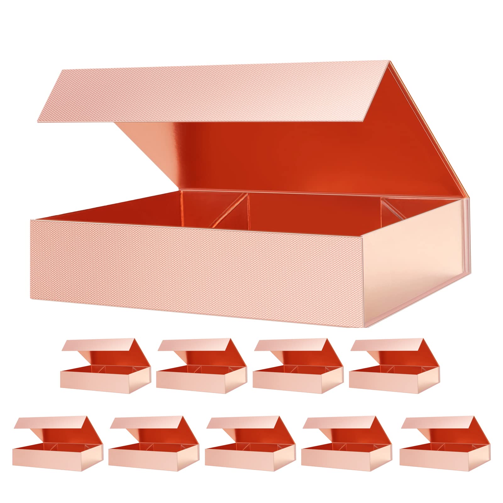 PACKQUEEN 10 Large Gift Boxes 11x7.8x2.3 Inches with Magnetic Lids - Rose Gold Grain Texture Gift Packaging Boxes for Shirts, Jewelry & Luxury Presents | Perfect for Weddings, Birthdays & Corporate Gifting