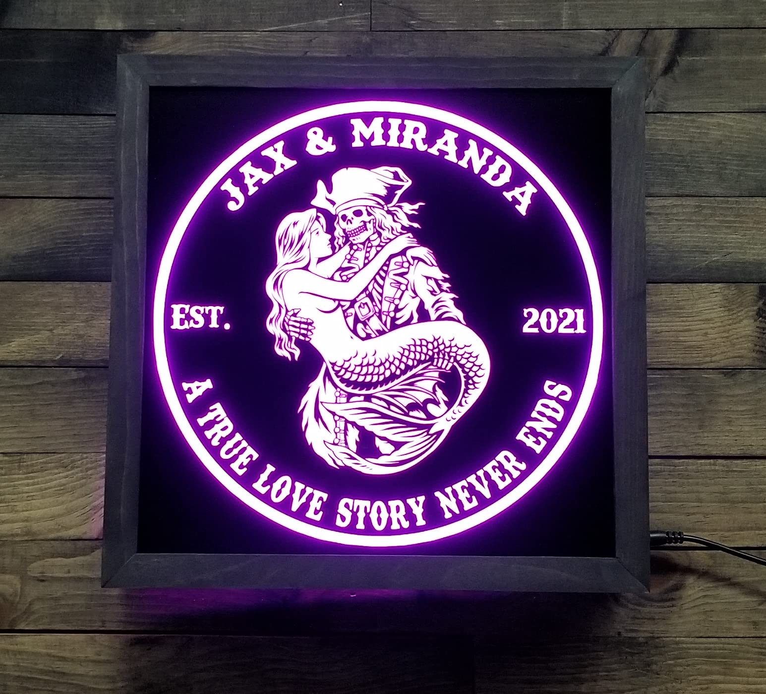 Custom Pirate & Mermaid LED Wall Sign - Personalized Light-Up Home Decor - Romantic 'True Love Never Ends' Art for Couples - Unique Gift for Anniversaries, Home Bars & Bedrooms - Energy Efficient Non-Neon Lighting