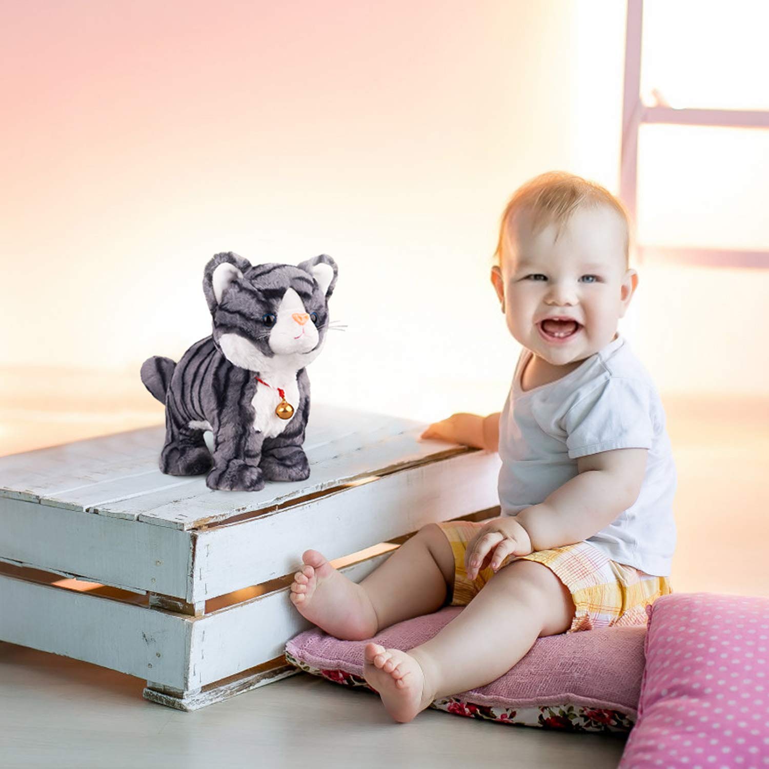 Interactive Gray Robot Cat Plush Toy - Touch Control Meow Kitten, Electronic Pet with Animated Movements, 12