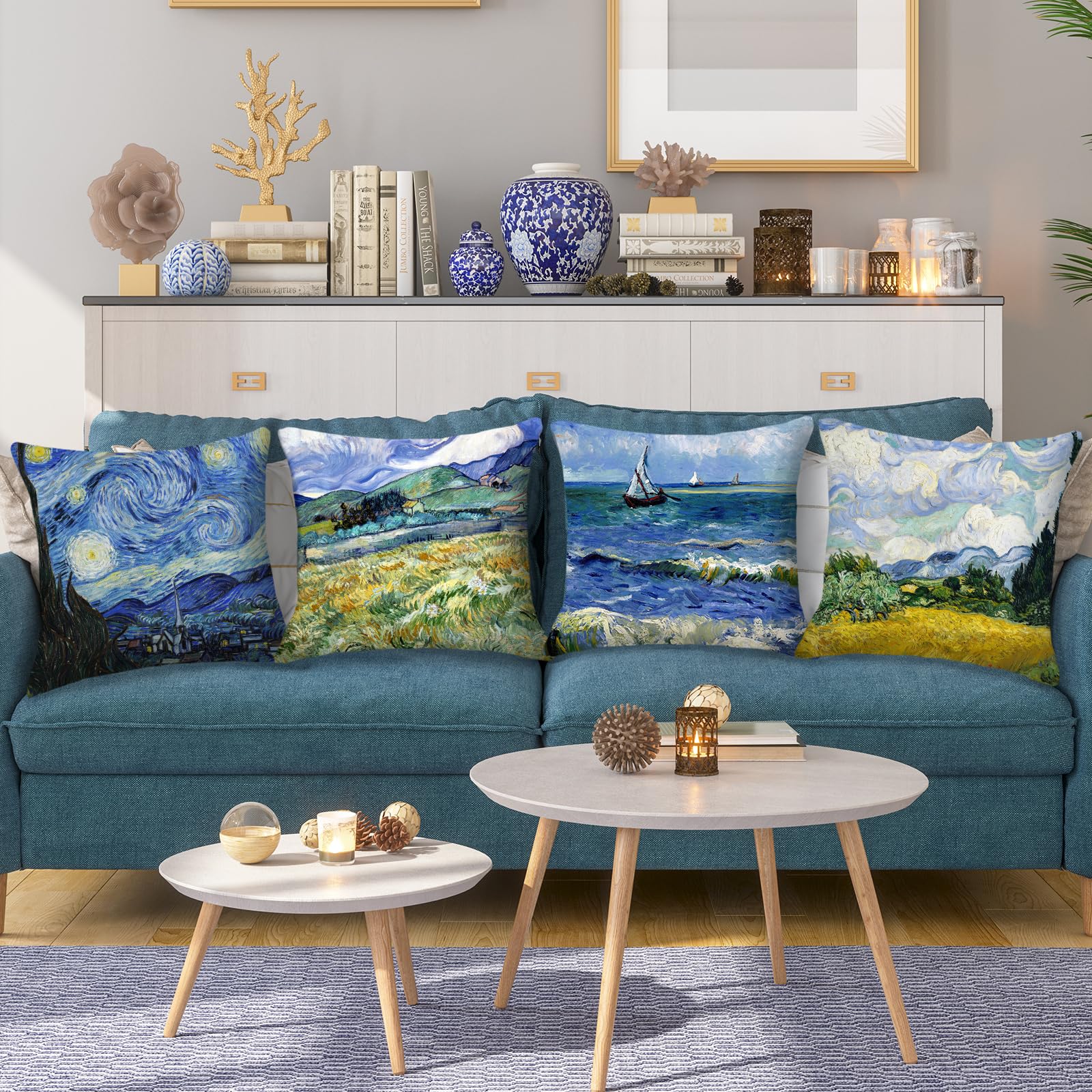 Van Gogh Starry Night Pillow Covers Set of 4 - 16x16 Inch Square Decorative Cushion Covers for Sofa, Couch & Bed - Inspired by Sea Starry Night Art Design (40x40 cm) - Perfect for Living Room, Bedroom & Home Decor