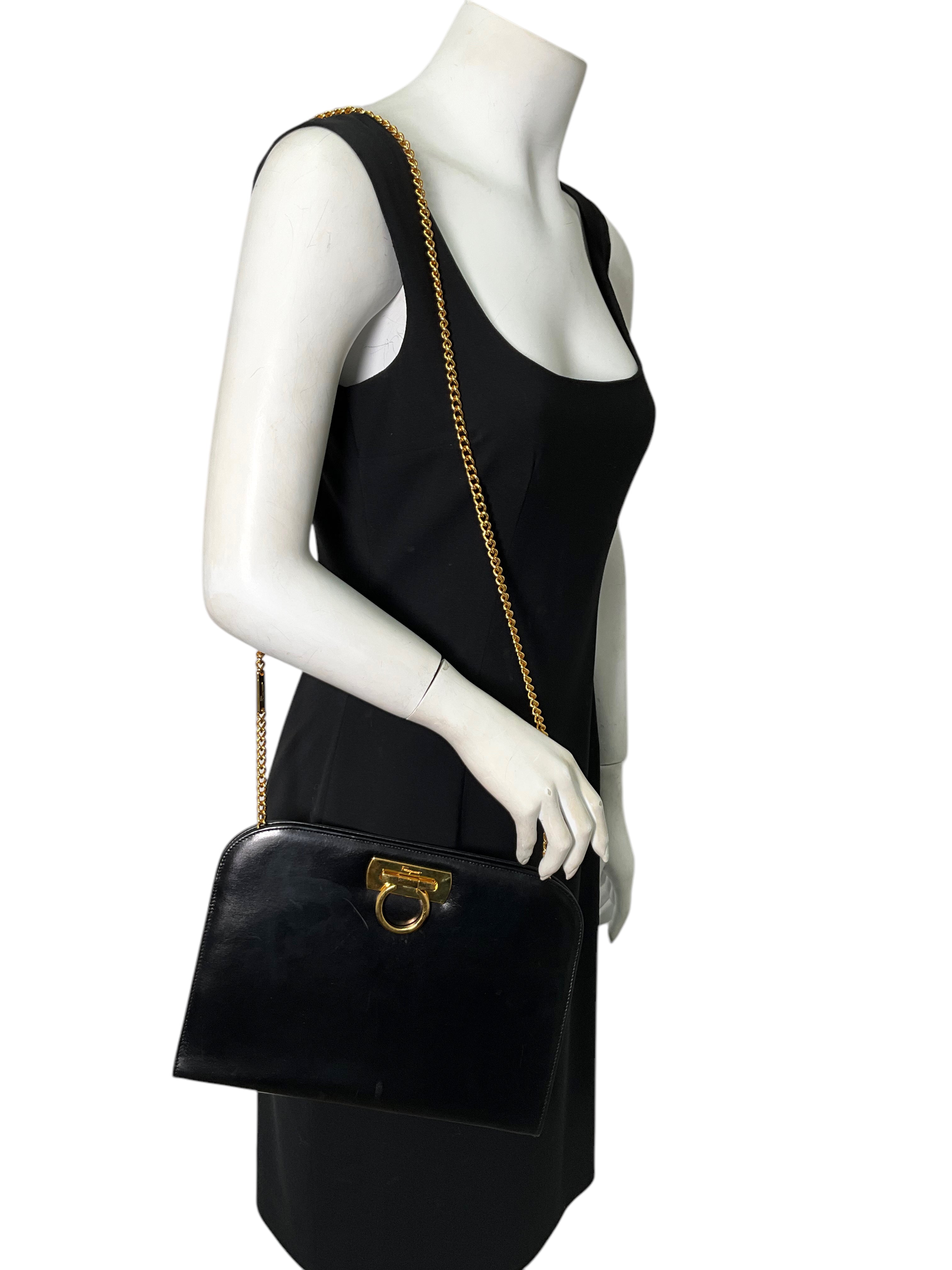 Salvatore Ferragamo Genuine Leather Gancini Chain Link Shoulder Bag for Women - Luxury Designer Handbag for Work, Travel & Evening Events