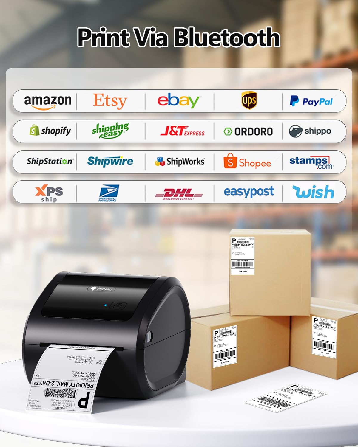 Phomemo D520BT 4x6 Bluetooth Thermal Label Printer - Wireless Shipping Label Maker with Built-in Holder, Compatible with Amazon USPS Shopify eBay - Perfect for E-commerce, Small Business & Home Shipping Needs