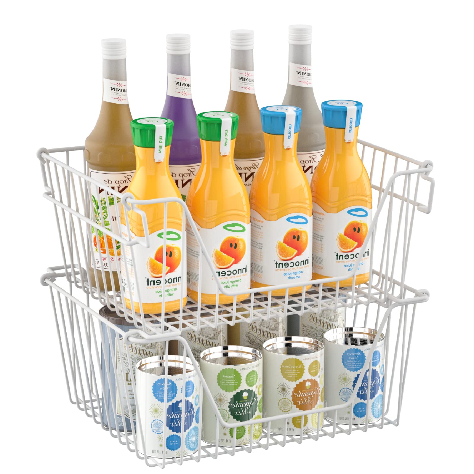 Stackable Metal Wire Baskets for Kitchen & Pantry Organization - Large Capacity Freezer Bins for Fruits, Vegetables & Snacks - Space-Saving Storage Solution for Cabinets & Shelves - White Set of 4 - Perfect for Home, Office & Restaurant Use