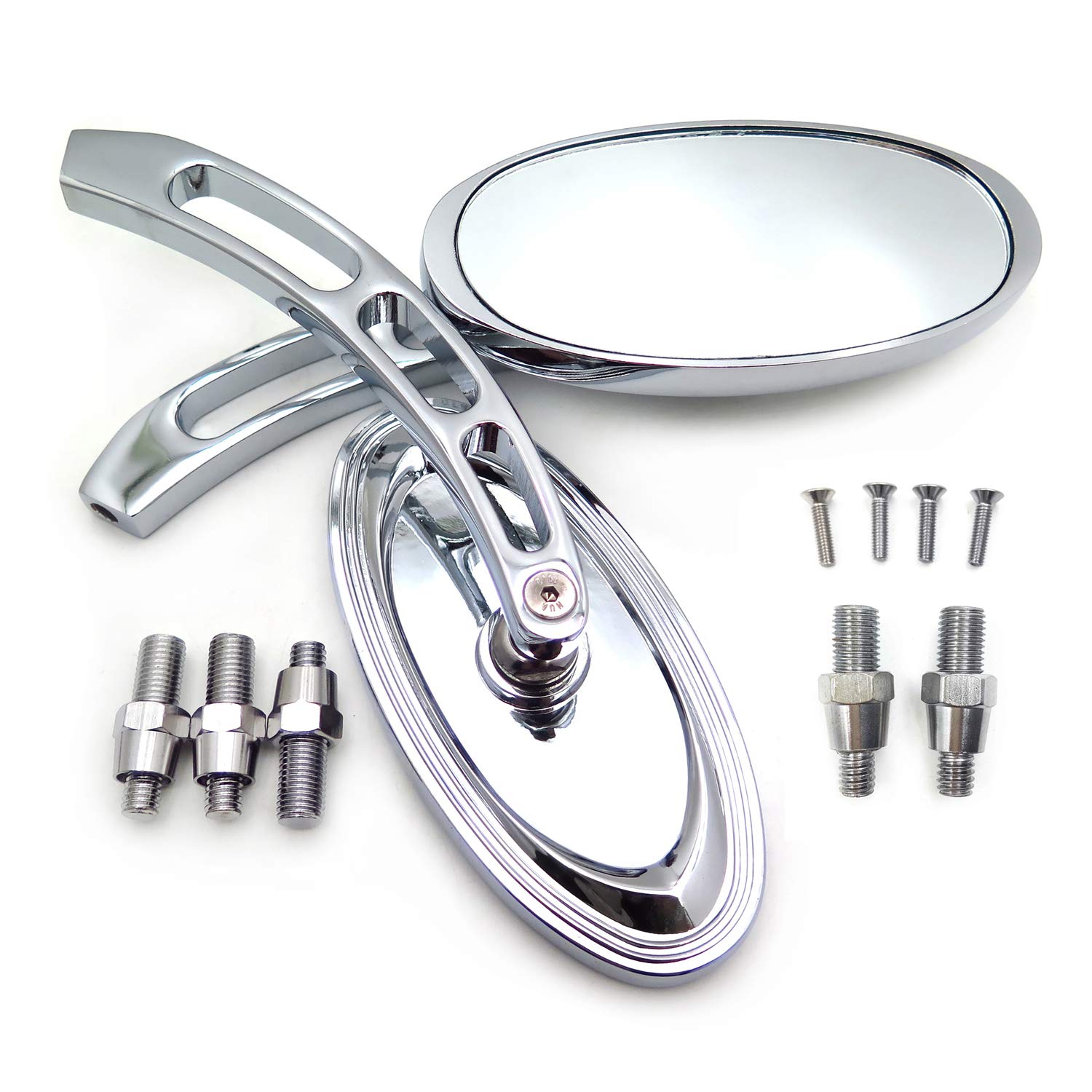 Custom Chrome Oval Mirrors HTTMT MT252-006+TTT002 - Compatible with Yamaha Cruiser Bikes Royal Star, Stratoliner, Roadliner, Road Star, V-star, Warrior, V-Max, Virago - Enhances Safety & Style for Night Riding & Highway Cruising