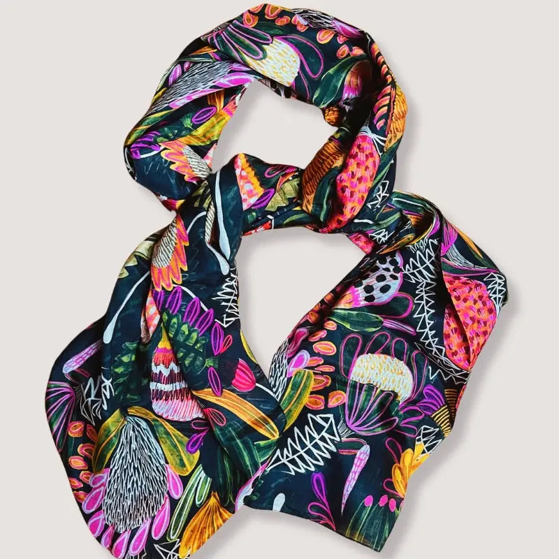 Bush Banksia Silk Scarf - Elegant Australian Floral Print Shawl for Women | Perfect for Weddings, Parties & Office Wear