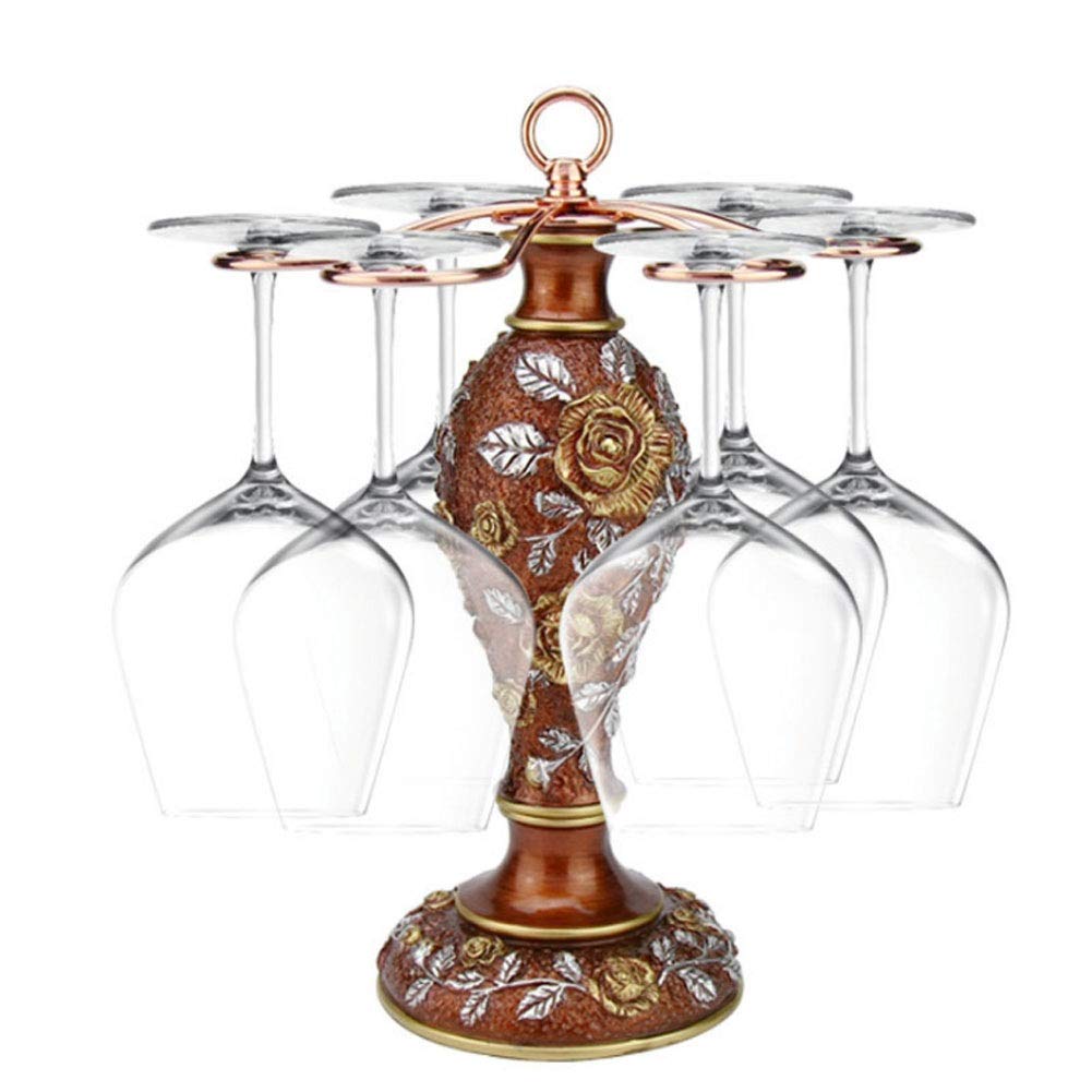 Luxury Countertop Wine Glass Holder Rack - 6 Hook Stemware Storage Stand with Carved Design | Freestanding Wine Cup Display & Drain Rack for Kitchen, Bar, Dining Room, Home Decor
