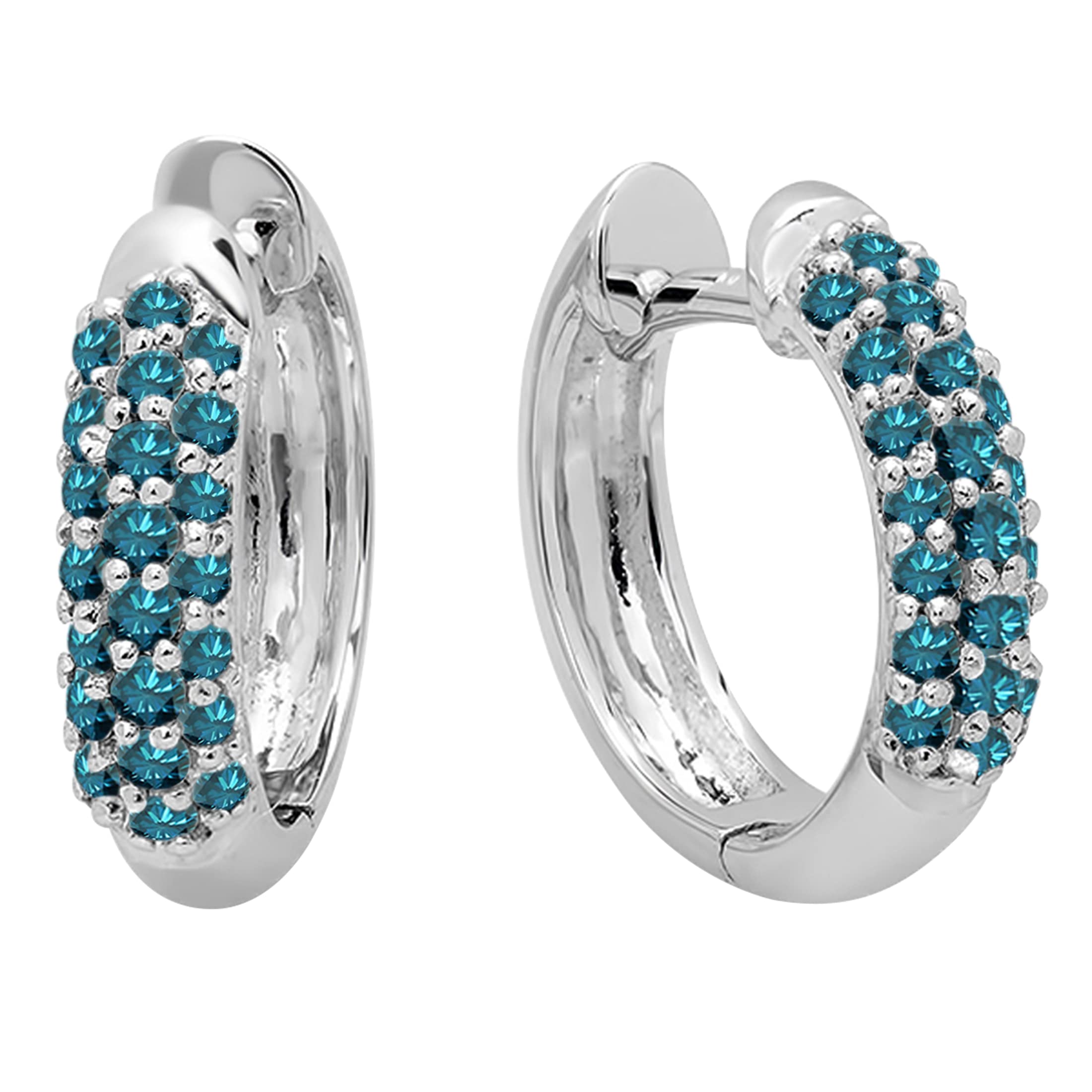 0.30 Cttw Round Blue Diamond Huggie Hoop Earrings for Women - 10K Solid White Gold Pave Set | Dazzlingrock Collection | Perfect for Parties, Weddings & Everyday Elegance