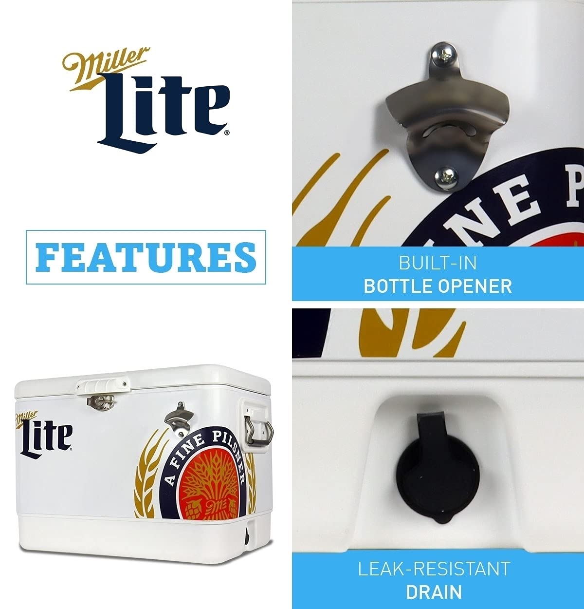 Miller Lite 51 Liter (54 Quart) Ice Chest Beverage Cooler with Bottle Opener - Portable Cooler for Camping, Beach, RV, BBQs, Tailgating, Fishing & Outdoor Parties | Keep Drinks Cold for Hours
