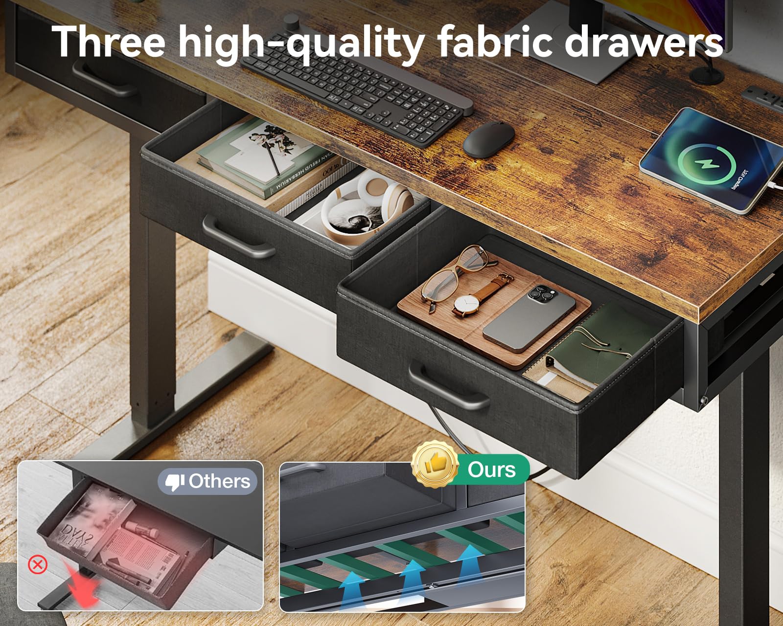 AODK 55 Inch Electric Height Adjustable Standing Desk with Drawers & Power Outlets - Sit Stand Computer Desk for Home Office, Ergonomic Workstation (Rustic Brown) - Perfect for Remote Work, Gaming & Study Spaces