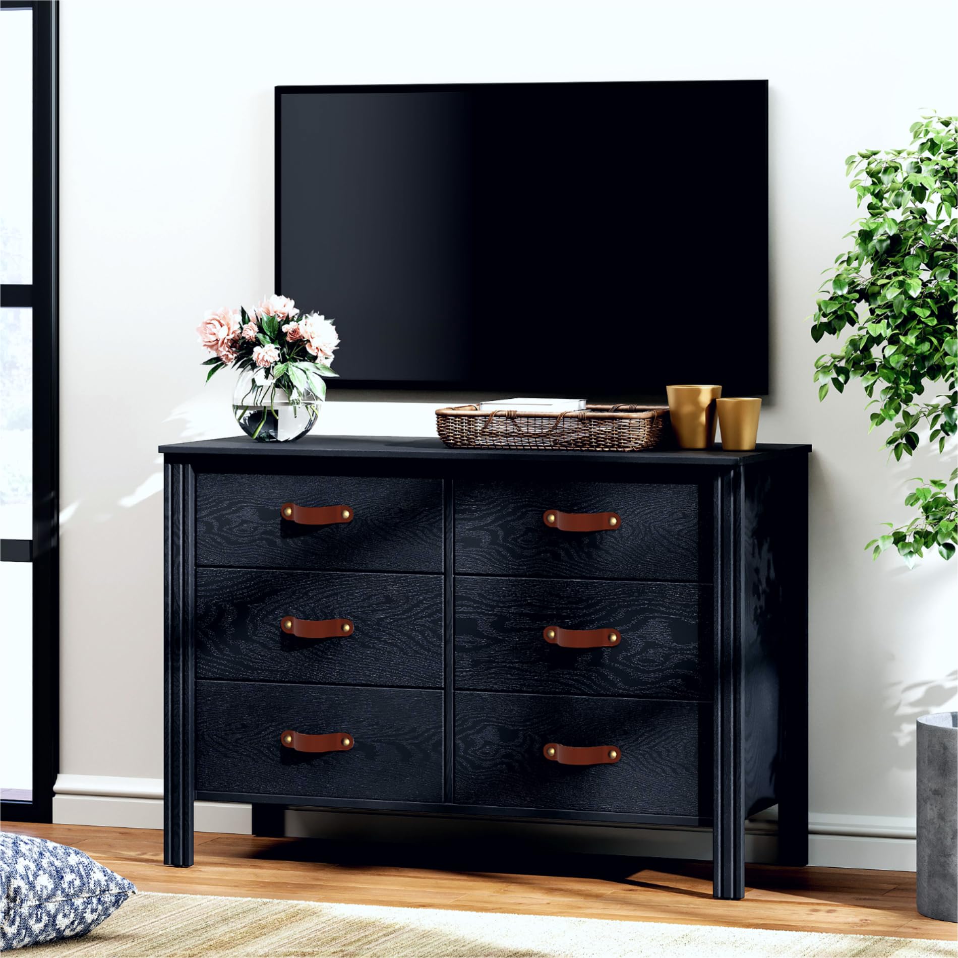 WAMPAT 50 Inch TV Stand with 6 Storage Cubby - Black Wooden Dresser Chest for 55 Inch TV, Kids Dresser & Console Table for Living Room, Bedroom & Office - Perfect for Home Entertainment & Storage Organization