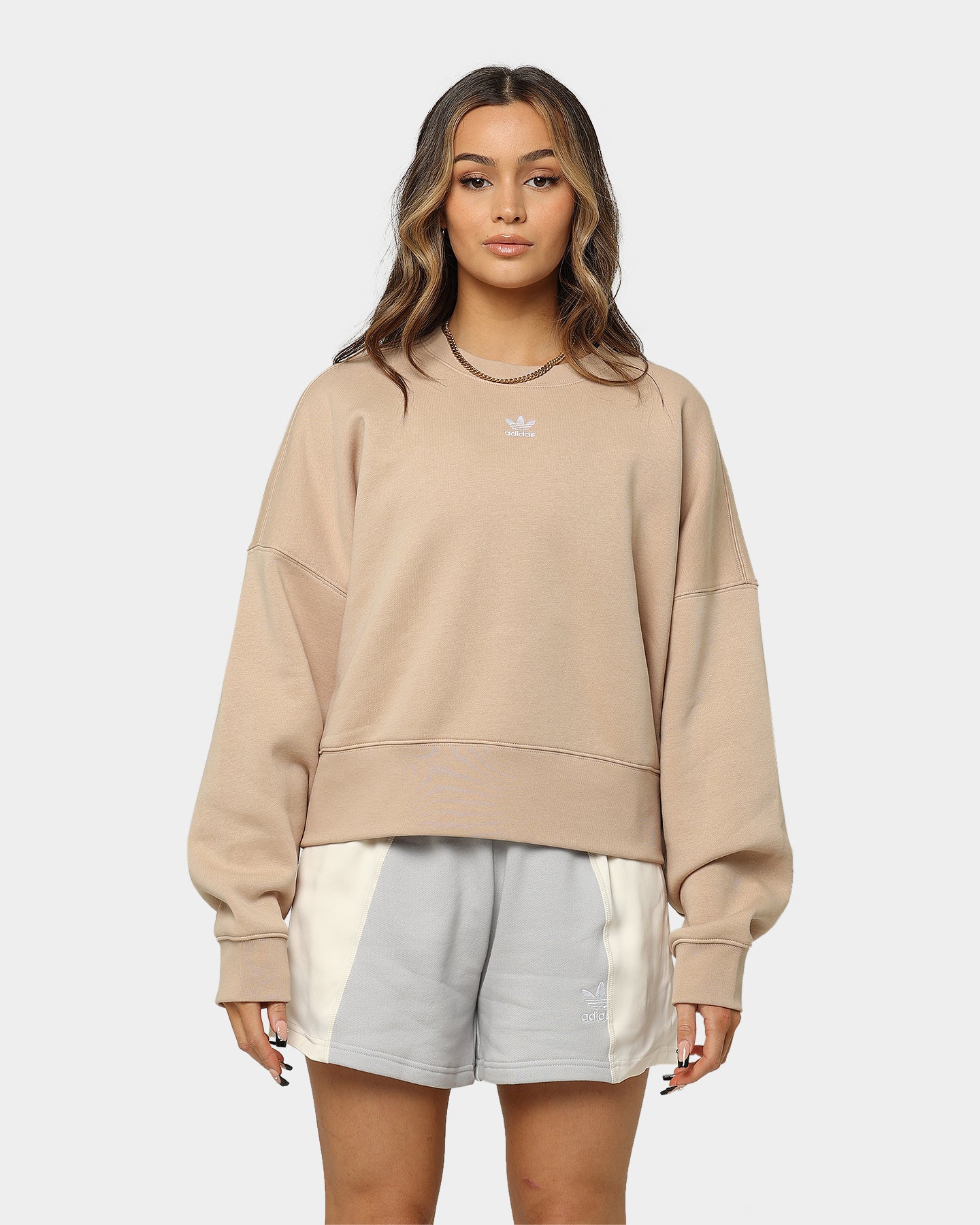 Adidas Women's Adicolor Essential Fleece Crewneck Sweatshirt - Magic Beige | Cozy Casual Wear for Gym, Lounge & Everyday Outfits