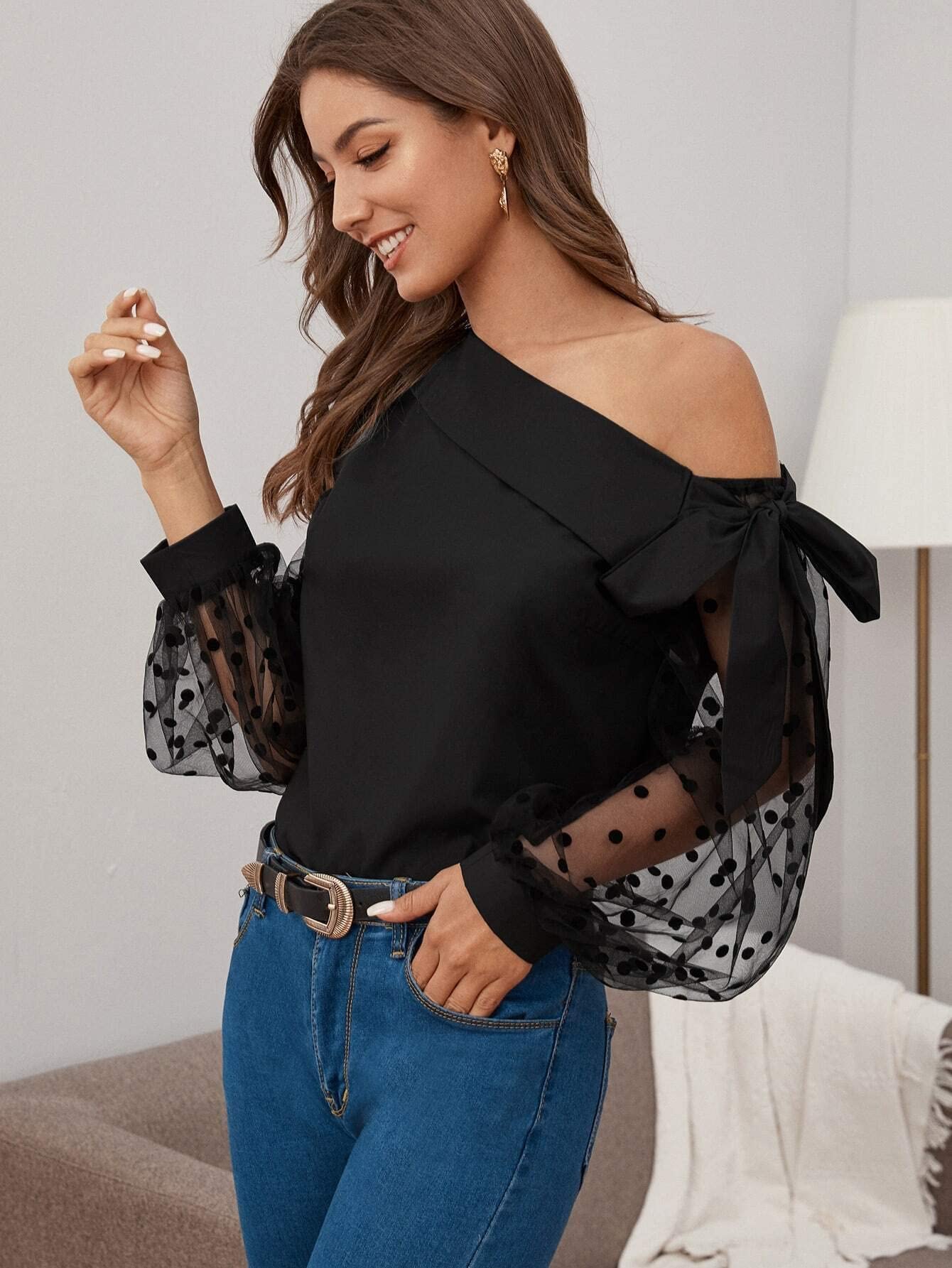 PENIL Women's Fashion Long Sleeve Blouse - Knot Asymmetrical Neck Dot Mesh Sleeve Top for Office, Work & Home | Casual Chic Shirts for Women, Perfect for Business Attire, Date Night & Everyday Wear