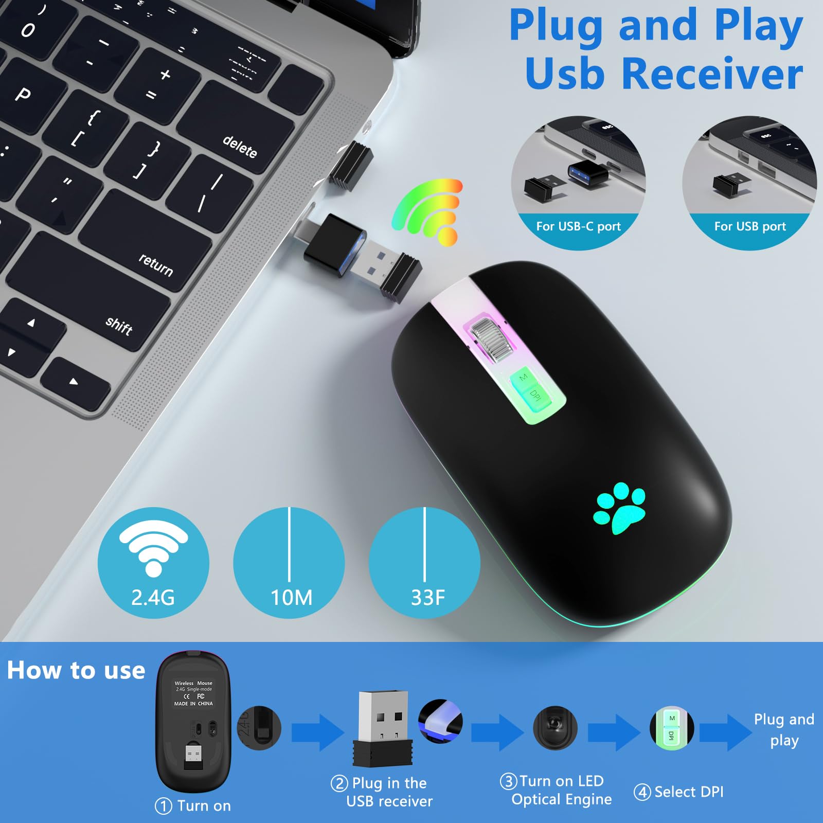 KARFUN Wireless Mouse - Slim Rechargeable 2.4G LED Backlit Mouse for Laptop, PC, MacBook, iPad, Chromebook, Notebook | Perfect for Office, Home, and Travel Use (Black with Transparent Nose)