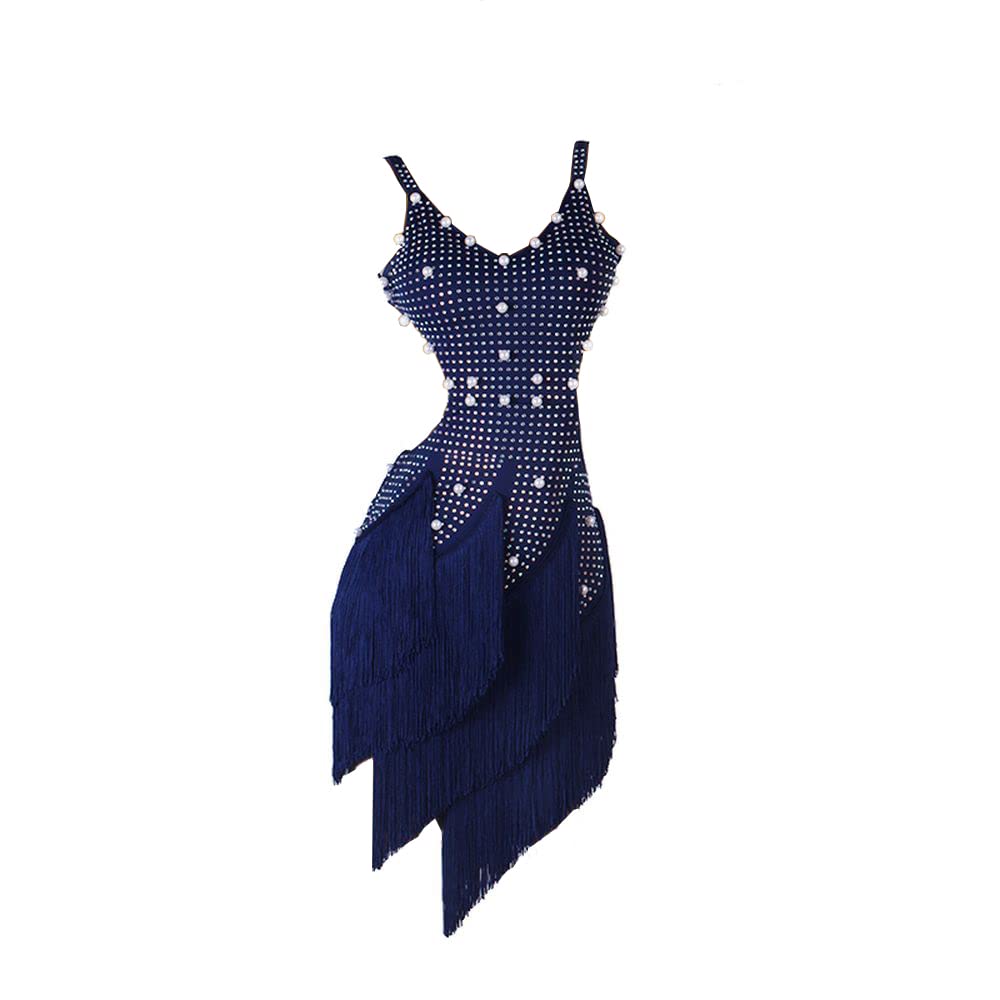 LIUHUO Women's Dark Blue Fringe Latin Dance Dress with Diamond Pearl Embellishments - Perfect for Salsa, Ballroom, and Performance Costume
