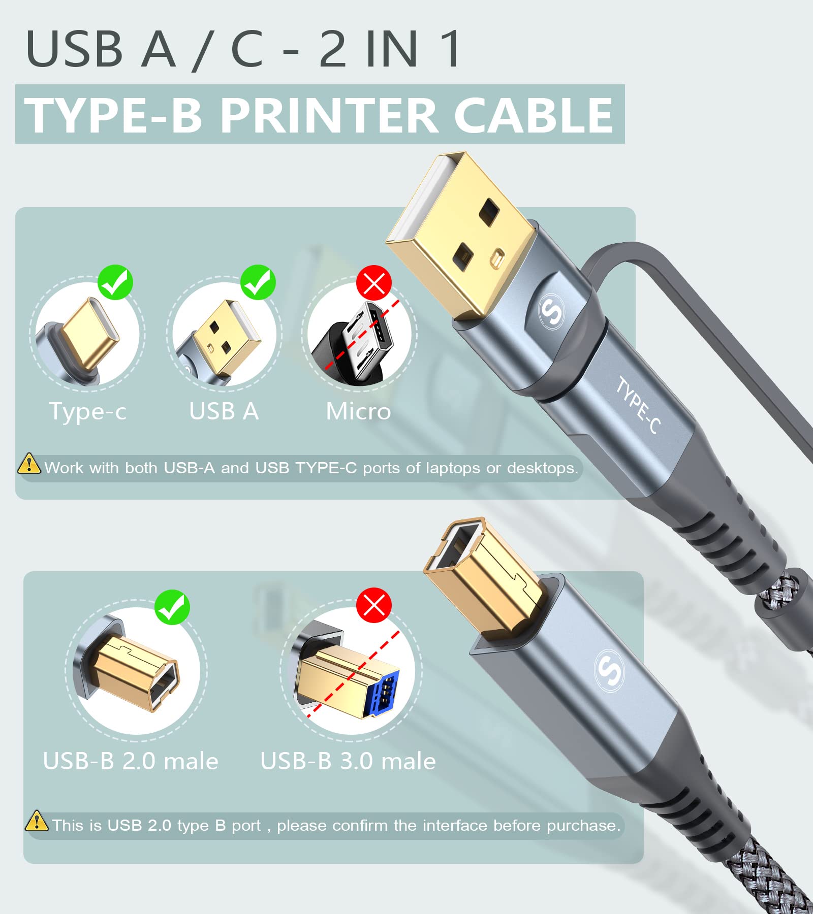 2-in-1 USB-A/C to USB-B Printer Cable 10FT - High Speed Braided USB C MIDI Cable for HP Canon Dell Epson Brother Samsung Printers, MacBook Pro/Air, Digital Pianos & MIDI Controllers - Durable Gray Cord for Home Office & Music Studio Use
