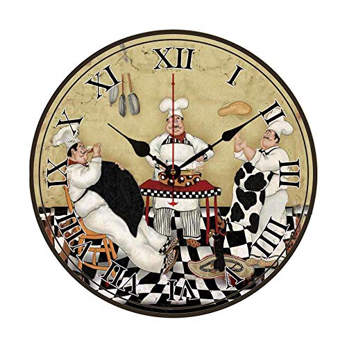 Happy Cooking Chefs Modern Wooden Clock - 12 Inch Rustic Kitchen & Living Room Wall Clock - Perfect for Farmhouse, Cottage & Home Decor