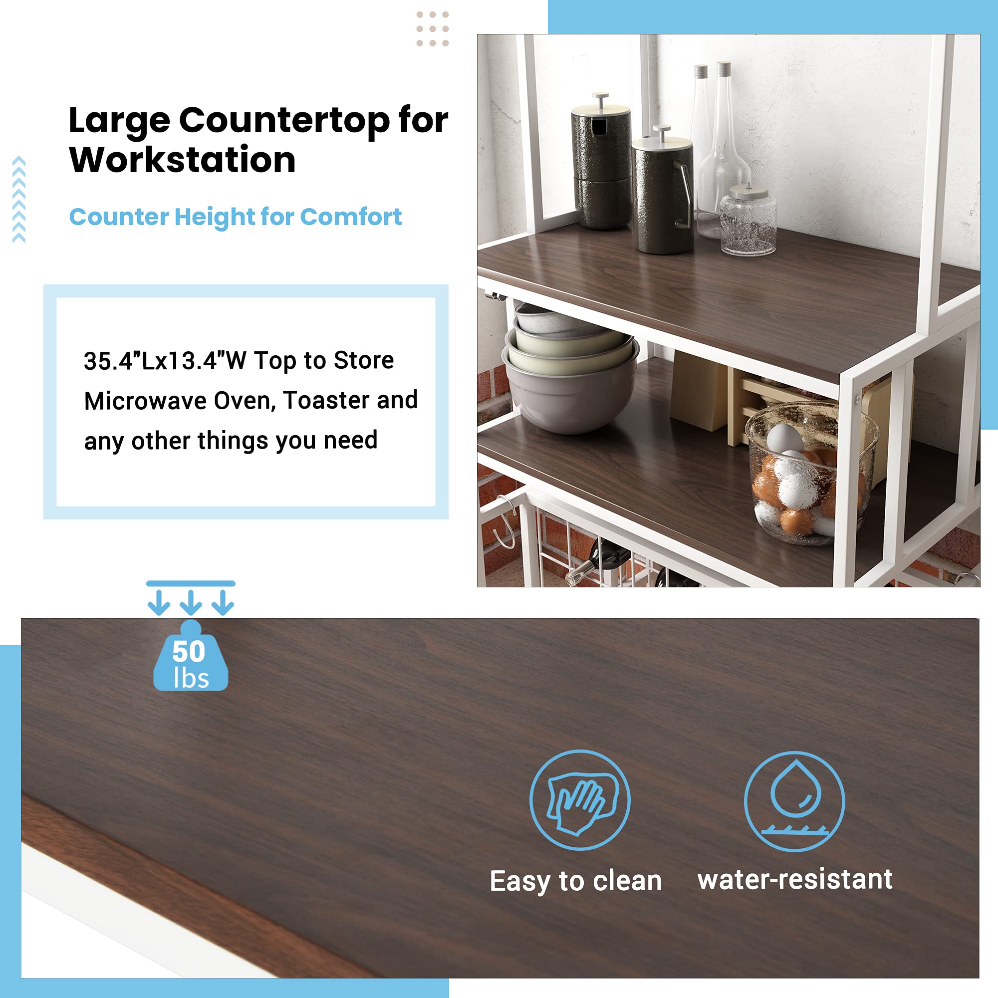 5-Tier Industrial Kitchen Microwave Stand - Freestanding Metal Baker's Rack with Spice Storage, Wine Rack, Glass & Cup Holders - Multi-Functional Storage Shelves for Kitchen, Pantry or Dining Room (Dark Brown) - Perfect for Small Space Organization & Entertaining