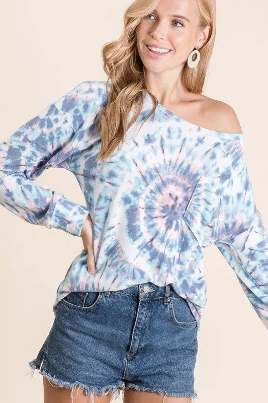 BiBi Tie Dye Print Terry Cloth Women's T-Shirt with Front Patch Pocket - Casual Summer Outfit, Beachwear & Lounge Wear