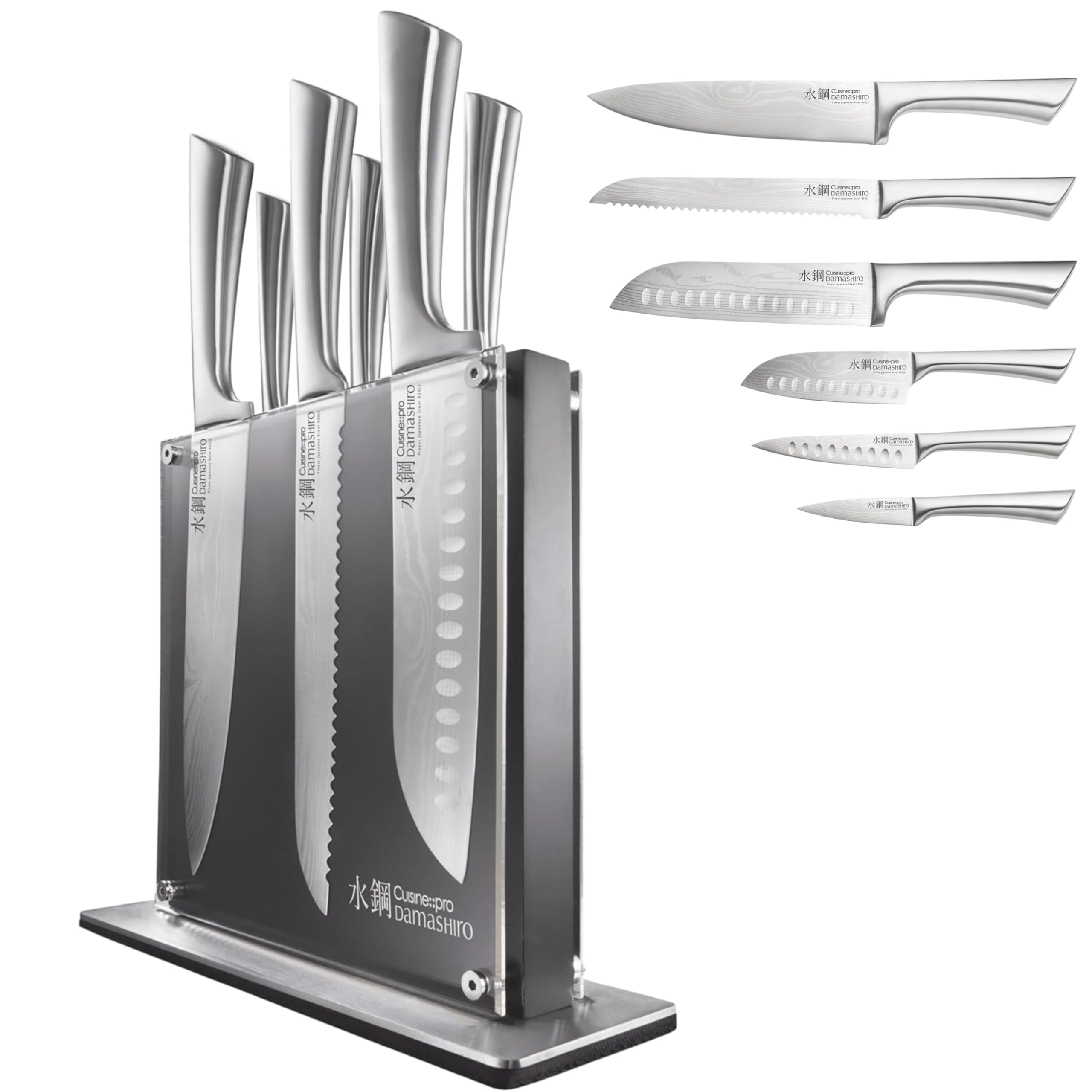 Premium Japanese Damascus Knife Block Set - 7-Piece Razor Sharp Chef Knives with Stylish Wooden Holder - Perfect for Home Cooking, Professional Kitchens & Gourmet Food Preparation