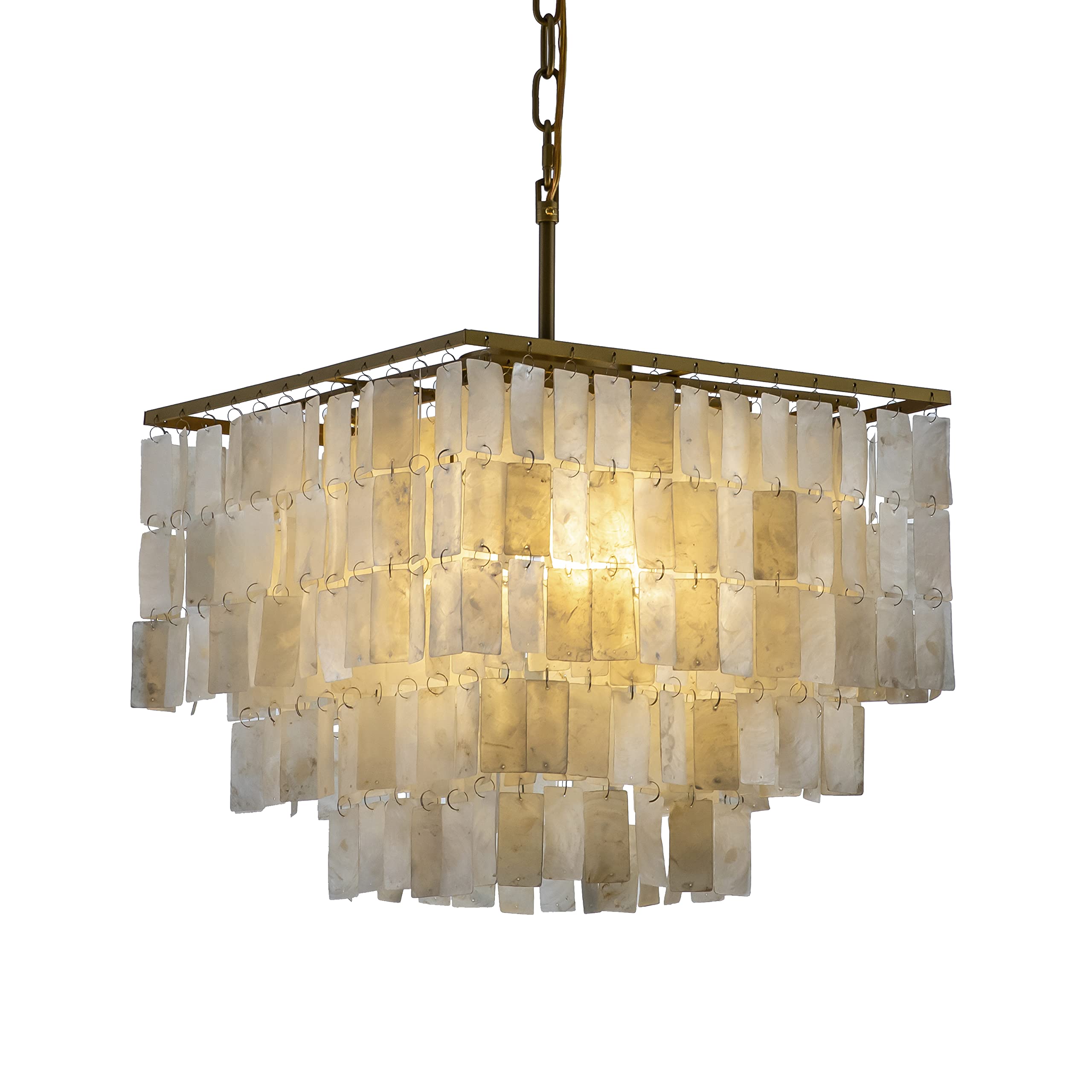 3-Light Square Antique Brass Chandelier with Rectangle Capiz Natural Seashells - Modern Farmhouse Ceiling Light Fixture - 15.7 Inch Wide - Perfect for Living Room, Dining Room, Bedroom, Foyer & Entryway Lighting
