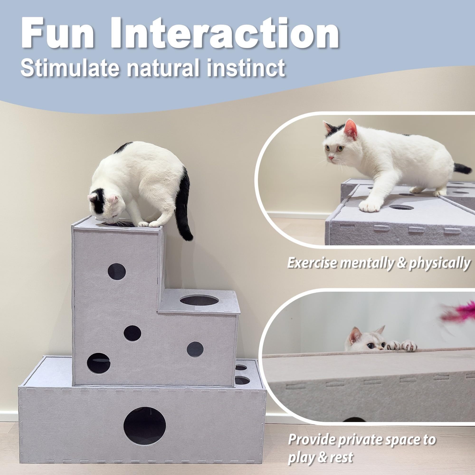 Meeyoview Cat Tunnel - Soft Felt Indoor Cat Play Tunnel with Peekaboo Hideaway Cave, L-Shaped Cat Bed & Interactive Cube Toy for Small, Medium & Large Cats - Perfect for Playtime, Exercise & Stress Relief