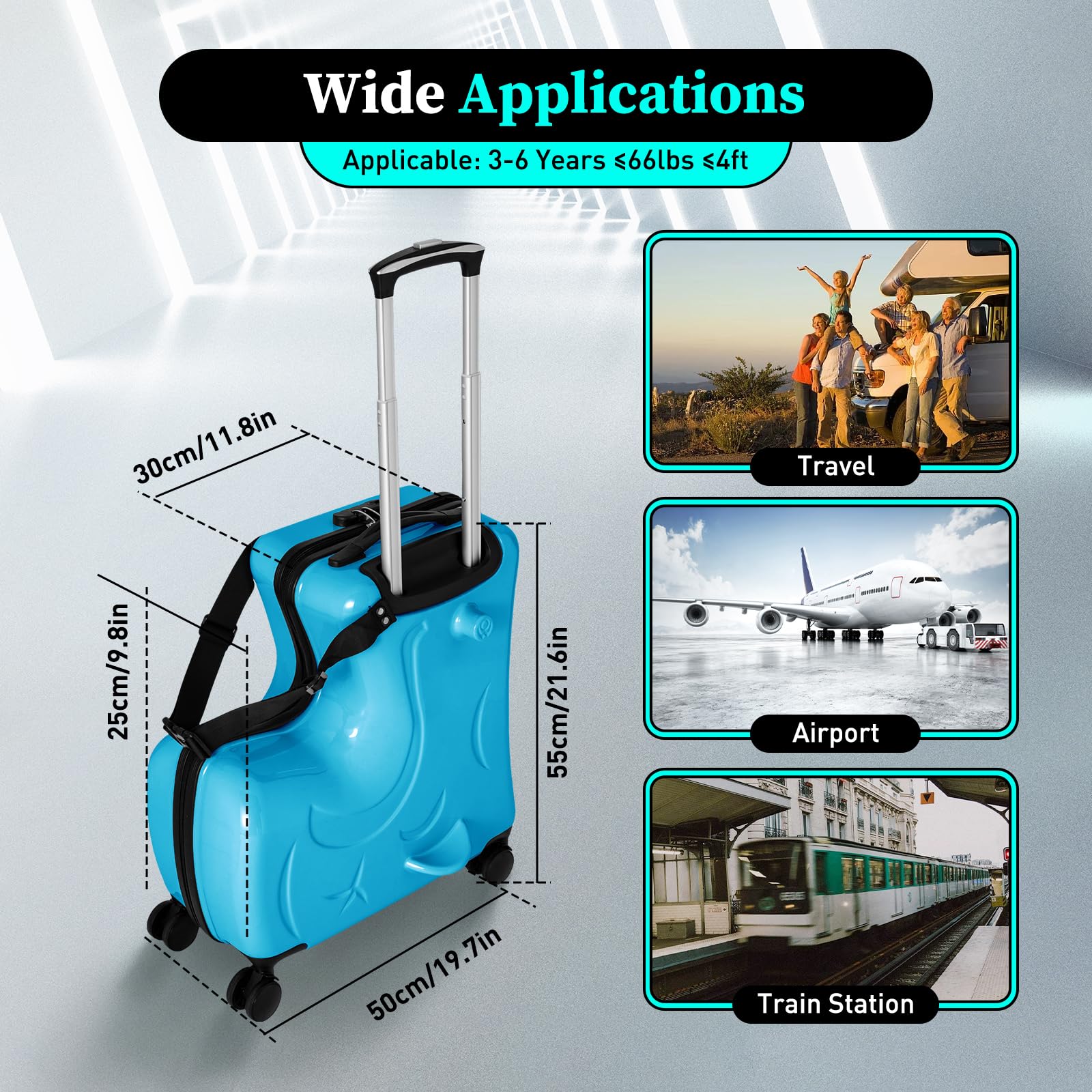 **DNYSYSJ 20 Inch Kids Carry-On Suitcase with Ride-On Feature & Safety Belt - Lightweight Travel Luggage for Toddlers & Children, Perfect for Airplane Trips & Family Vacations (Blue-20)**