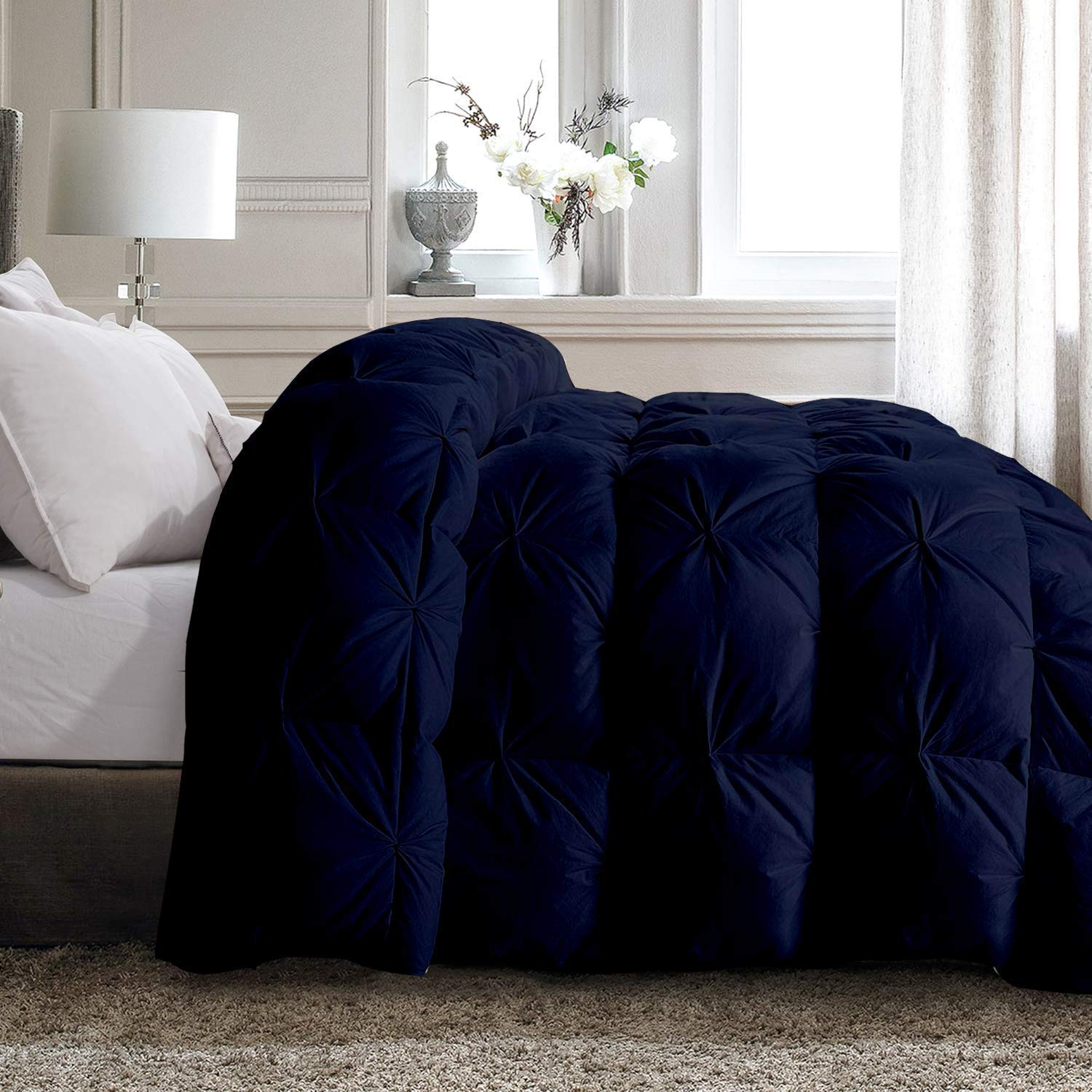 Pinch Pleated 100% Cotton Comforter - Lightweight All Season Down Alternative Bedding | Soft Quilted Cooling Comforter for Warm Weather & Hot Sleepers | Full/Queen Size Navy Blue | Perfect for Summer Nights & Guest Rooms