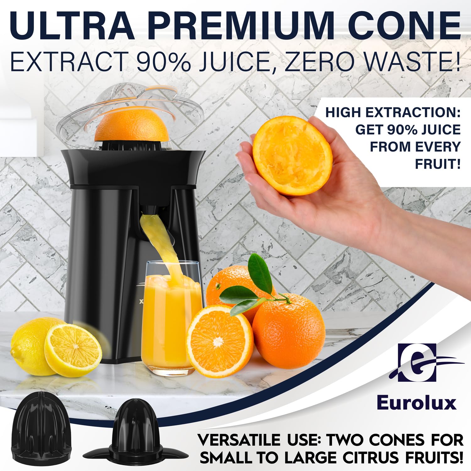 Premium Eurolux Electric Orange Juicer - High-Powered Citrus Squeezer for Oranges, Lemons, Limes & Grapefruits | 2-Size Cones, Easy-Clean Dishwasher Safe Parts | Perfect for Breakfast Bars, Juice Shops & Healthy Home Kitchens