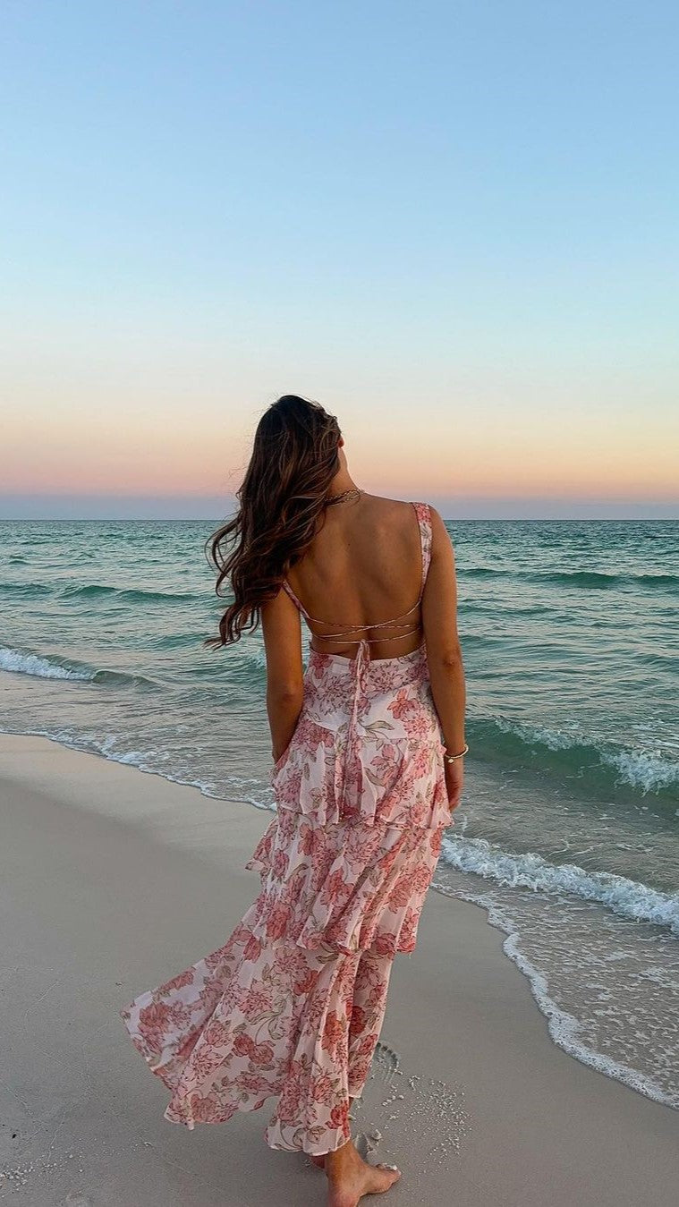 Adalinde Women's Maxi Dress - Floral Print Long Dress, Peach Color, Summer Boho Dress for Beach, Vacation, and Casual Wear