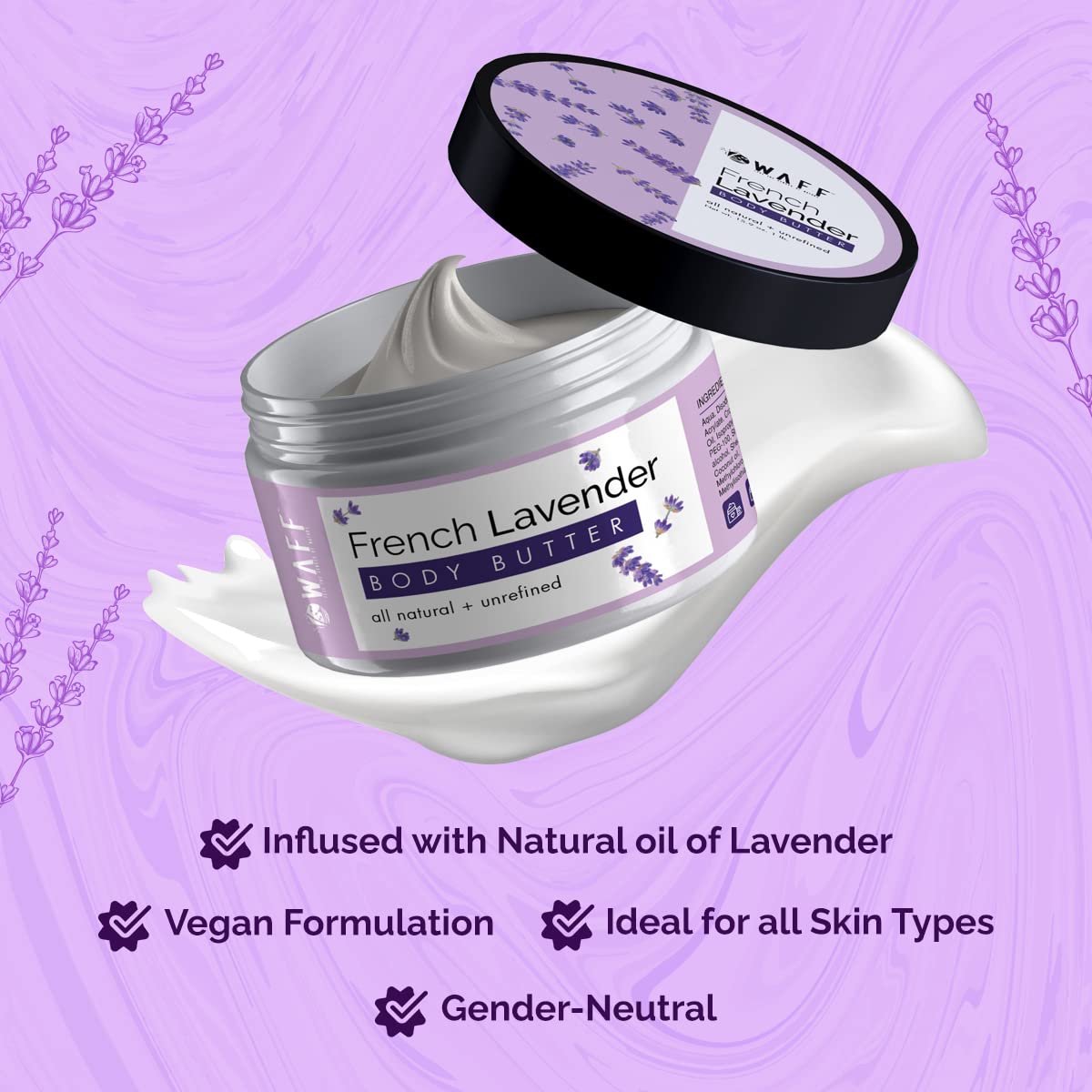 WAFF Lavender Body Butter Cream 100gm - Deep Hydrating Moisturizer with French Lavender Oil & Vitamin E for Dry, Itchy Skin - Non-Greasy Winter Care for Women & Men - Soothing Aromatherapy for Relaxation & Bedtime Routine
