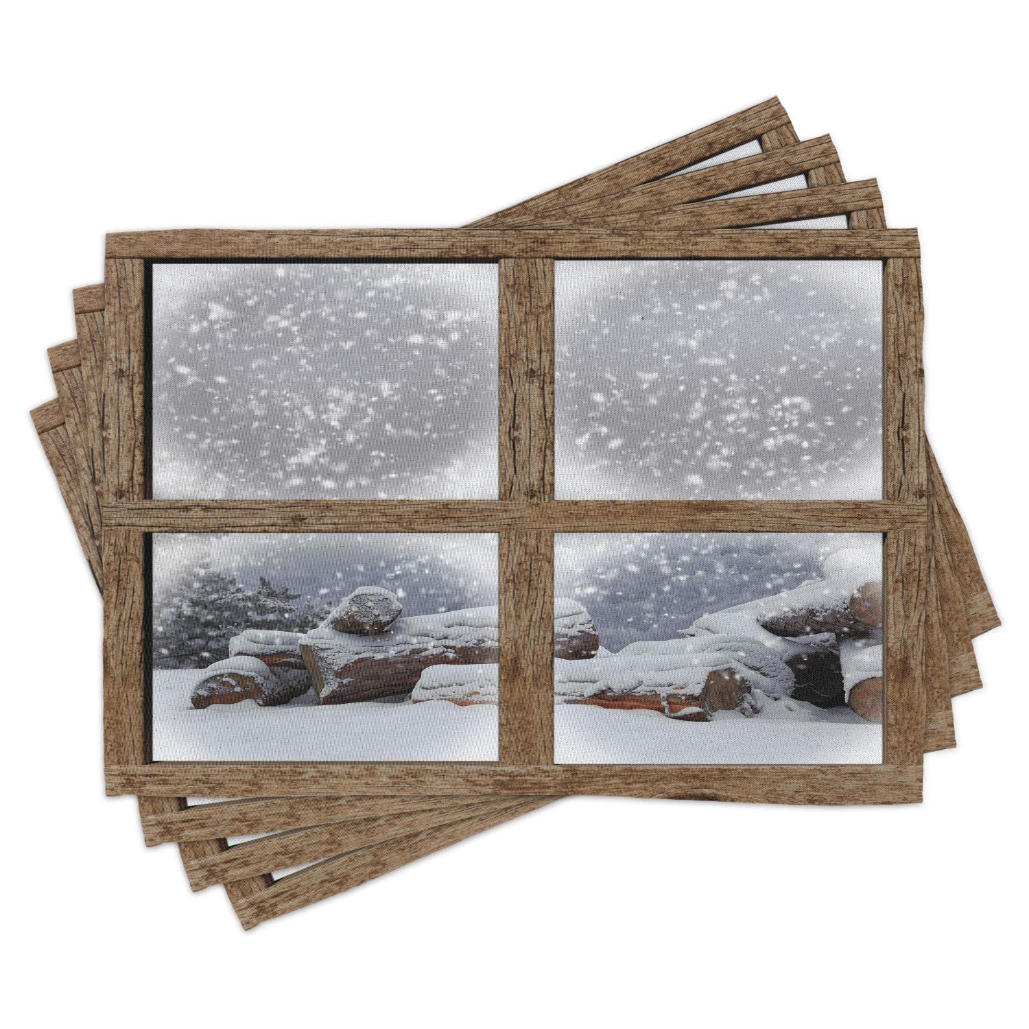 Ambesonne Winter Place Mats Set of 4 - Rustic Snowy Woodsy Frame Window View Print - Washable Fabric Dining Table Mats - Standard Size White & Khaki - Perfect for Christmas Decor, Cozy Cabin Dining, and Holiday Table Settings