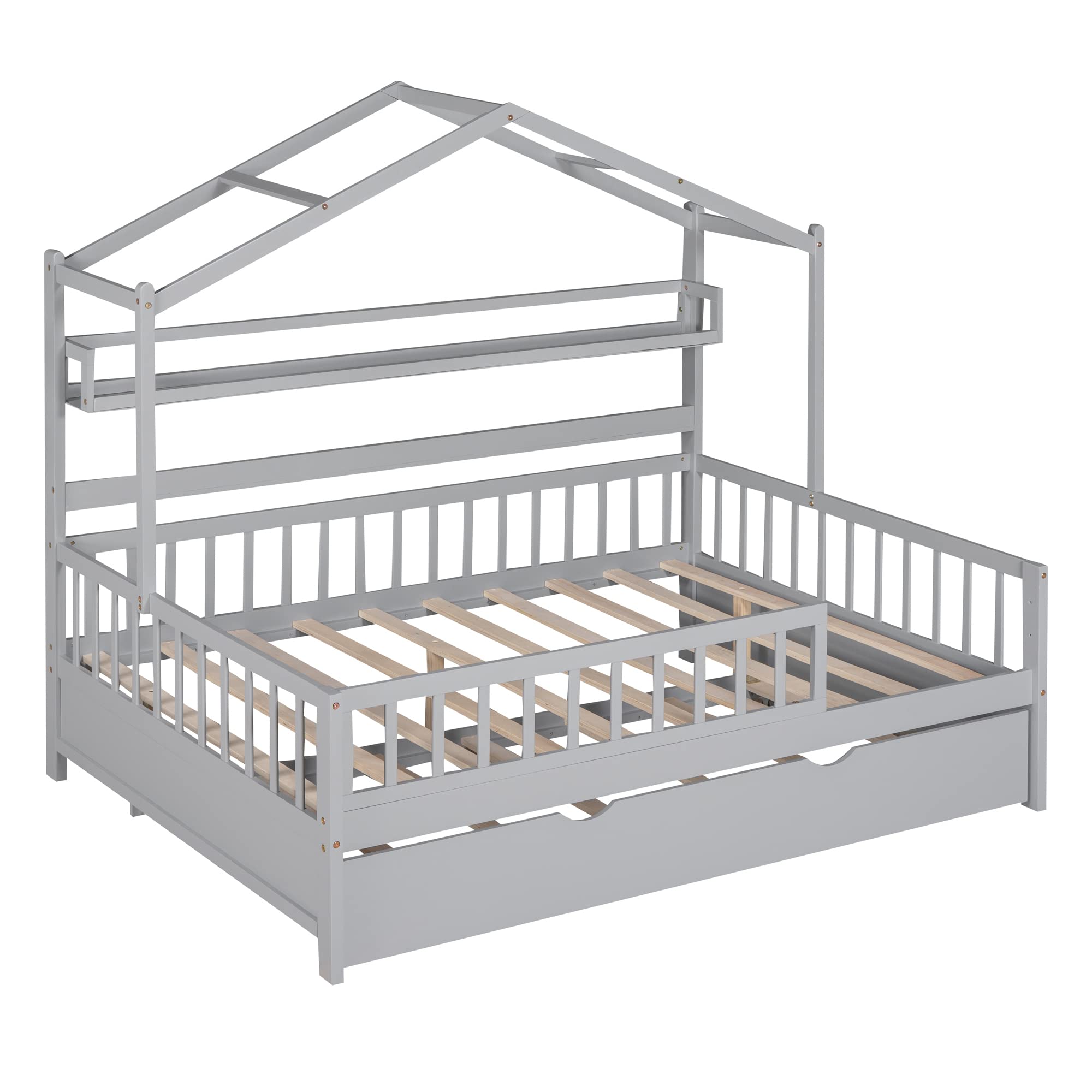 **Montessori Full Size House Bed with Trundle & Storage Shelves - Solid Wood Playhouse Bed Frame for Kids, Teens, Boys & Girls - Gray Platform Bed with Roof & Tent Design - Perfect for Bedrooms, Playrooms & Montessori Learning Spaces**