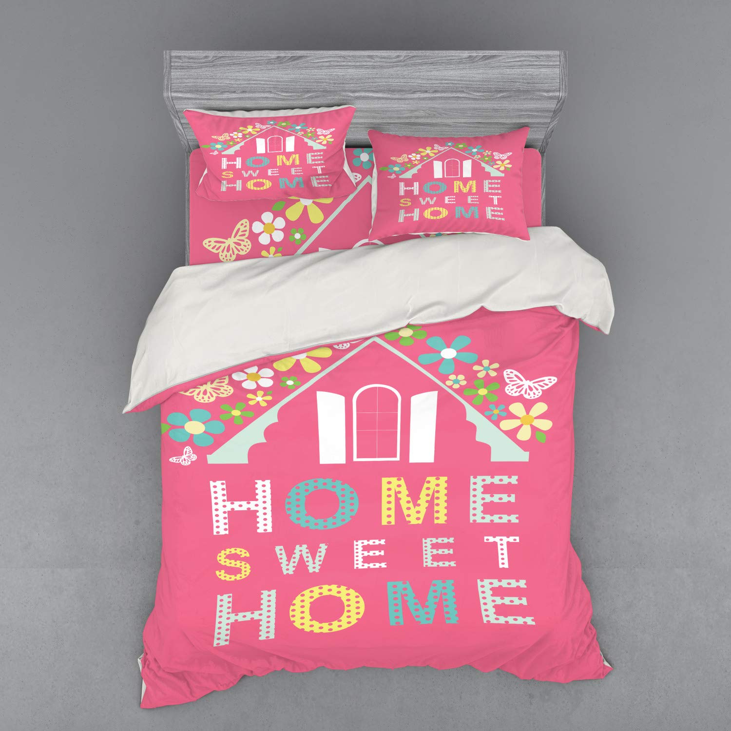 Ambesonne Abstract Floral Butterfly Duvet Cover Set - 4 Piece Queen Size Bedding with Shams & Fitted Sheet | Colorful Bohemian Home Decor for Master Bedroom, Guest Room & Dorm